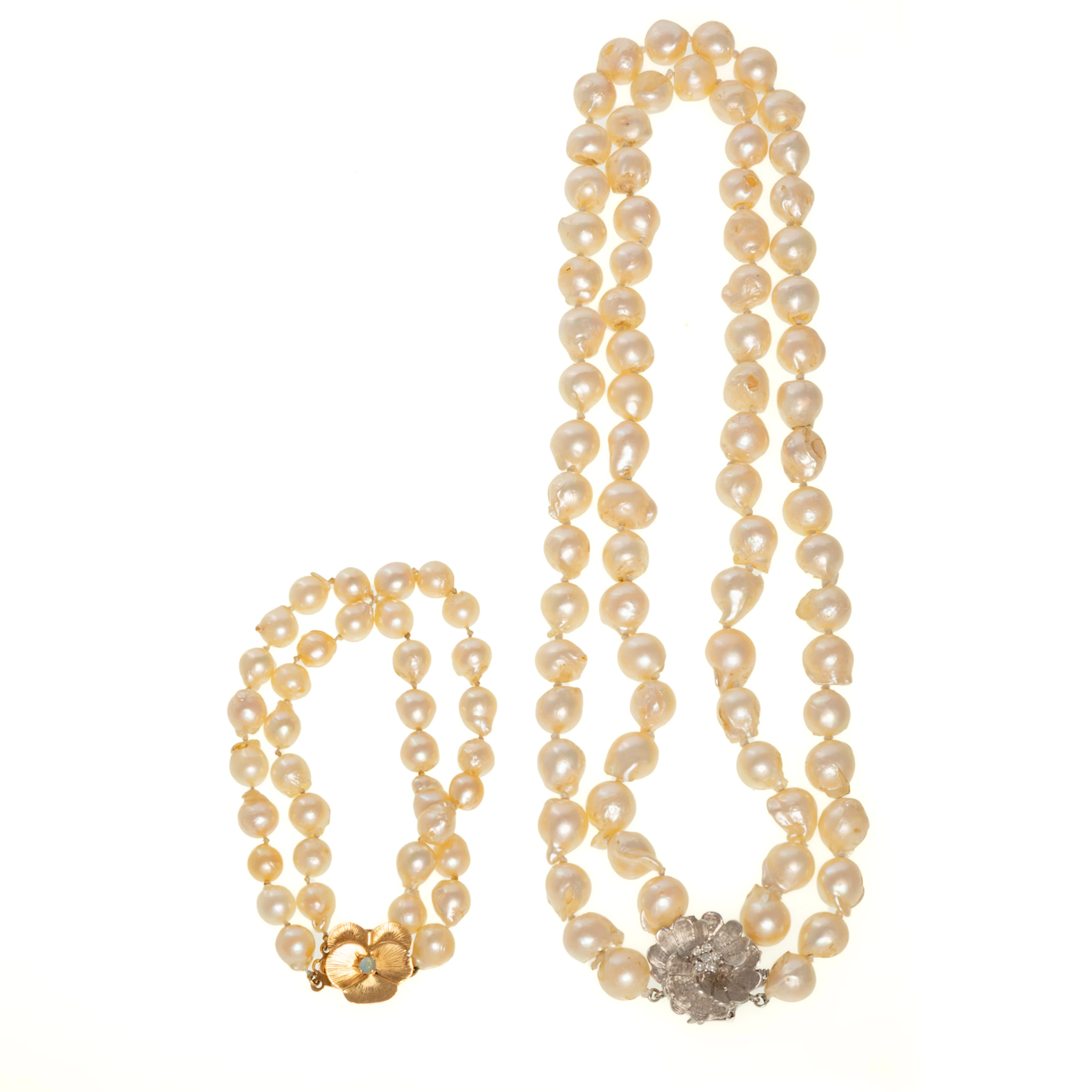 A Double Strand Baroque Pearl Necklace & Bracelet in 14K