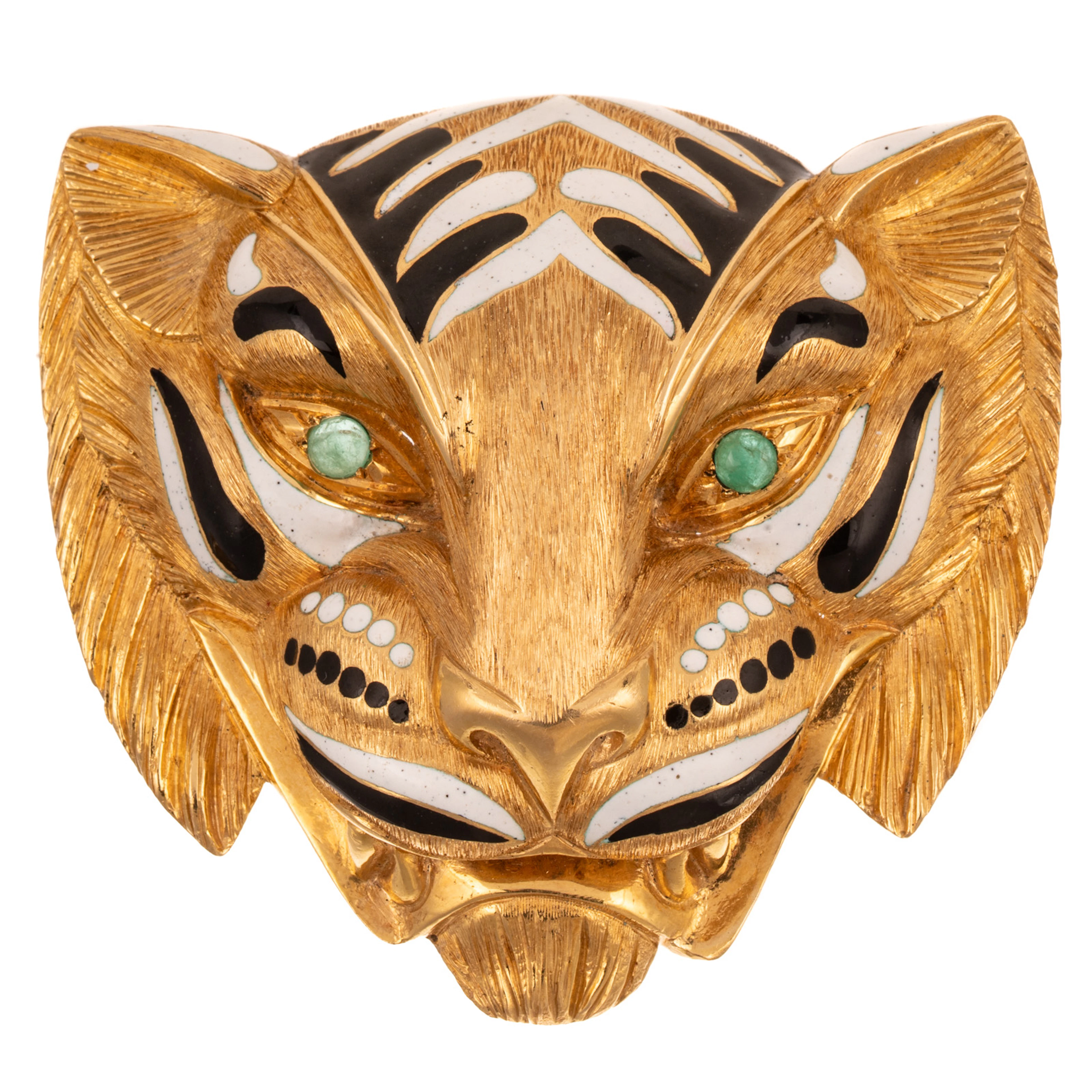 An Enamel Tiger Brooch with Emerald Eyes in 18K