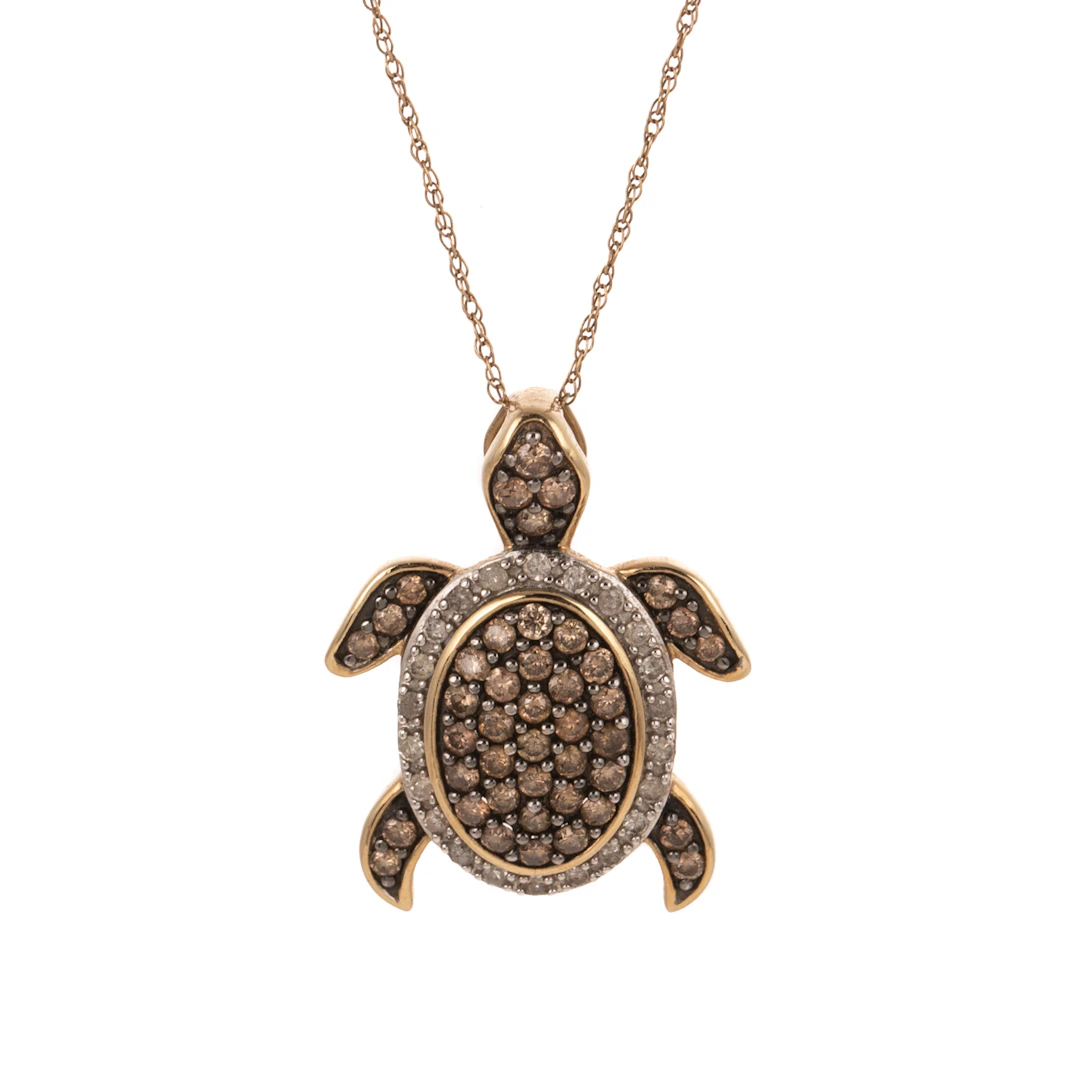 A Chocolate & White Diamond Turtle Necklace in 10K