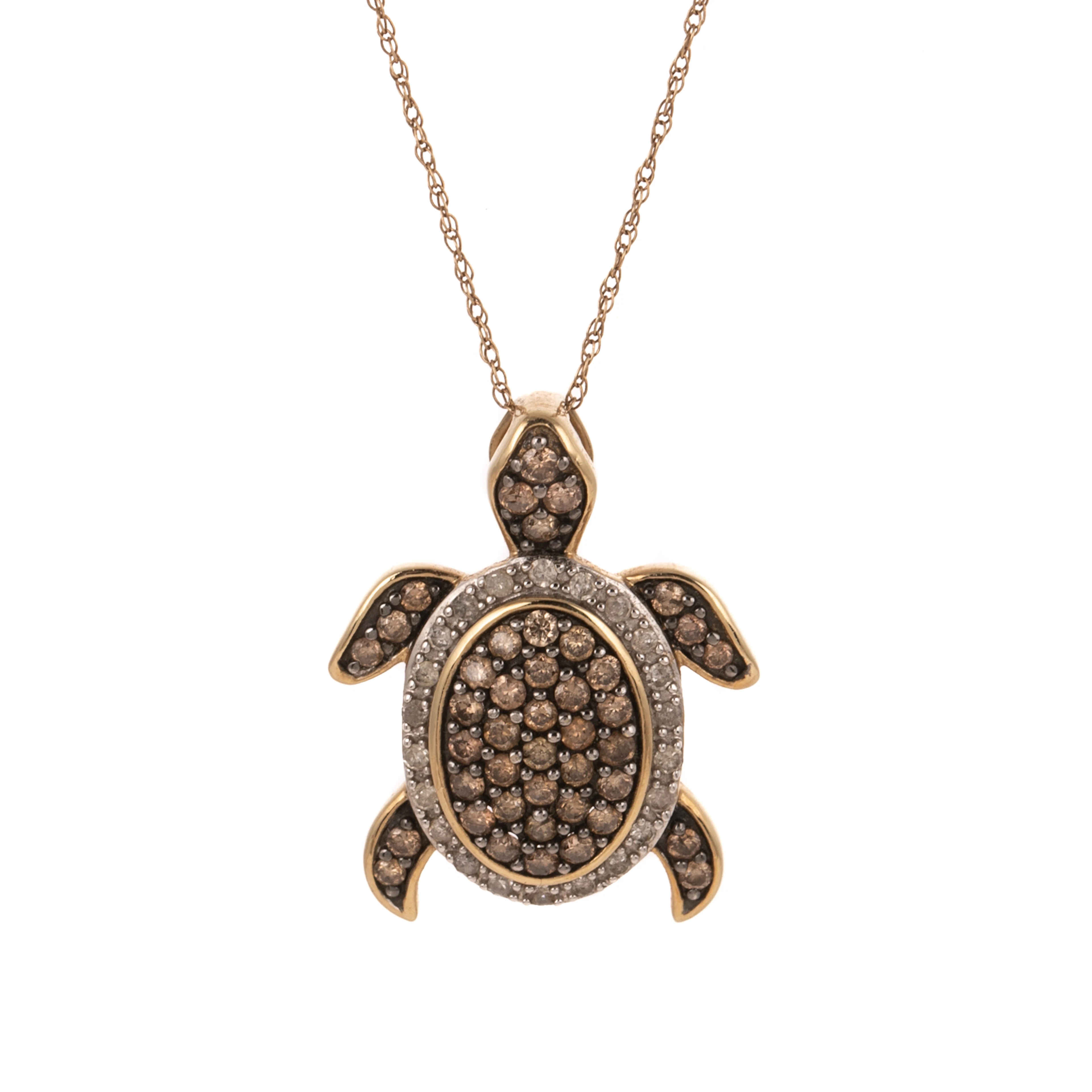 A Chocolate & White Diamond Turtle Necklace in 10K