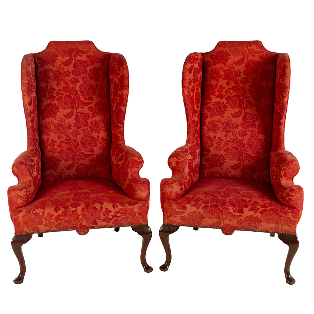 A Pair of Queen Anne Style Upholstered Wing Chairs