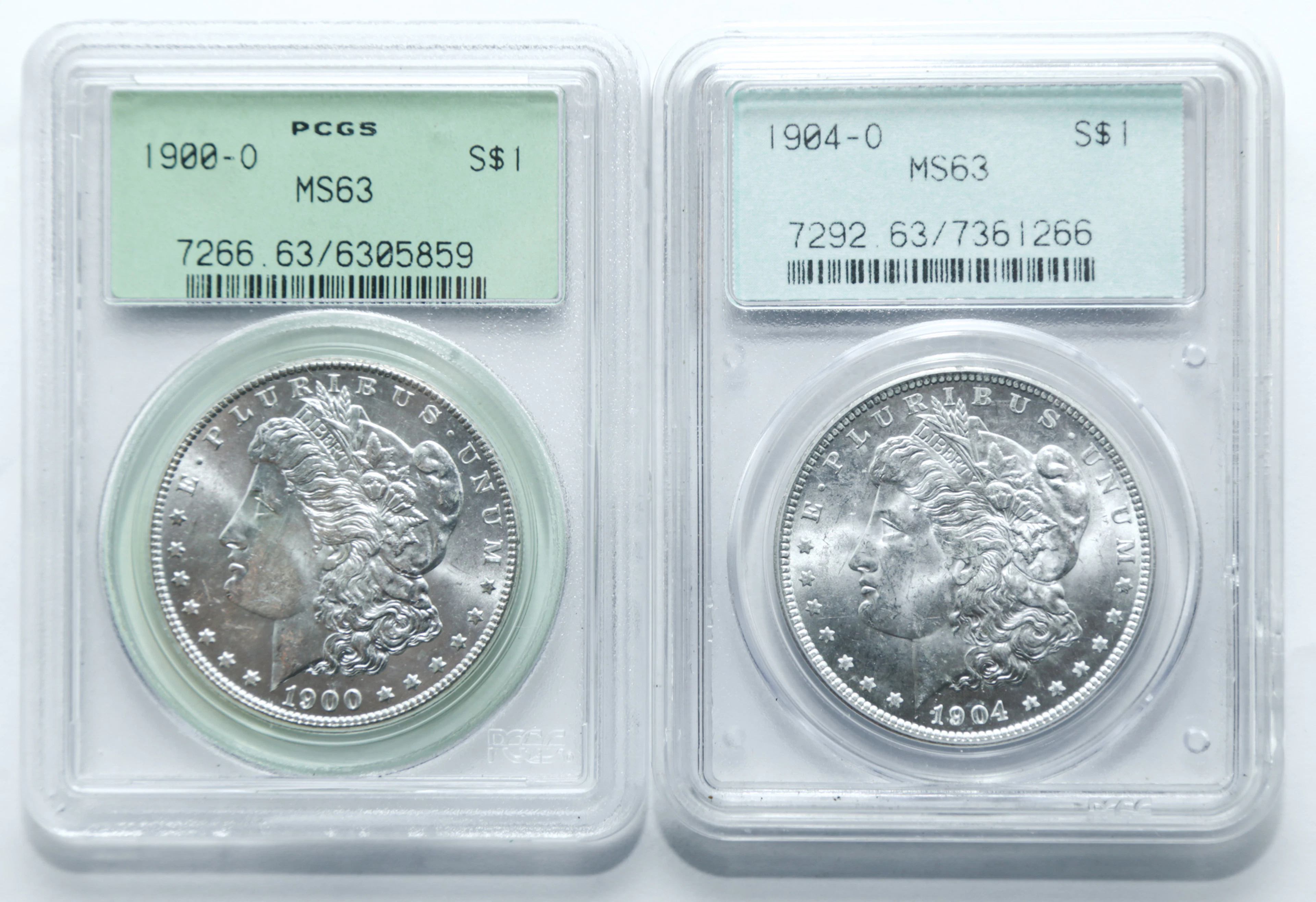 Two PCGS MS63 Morgan Dollars - Older Holders