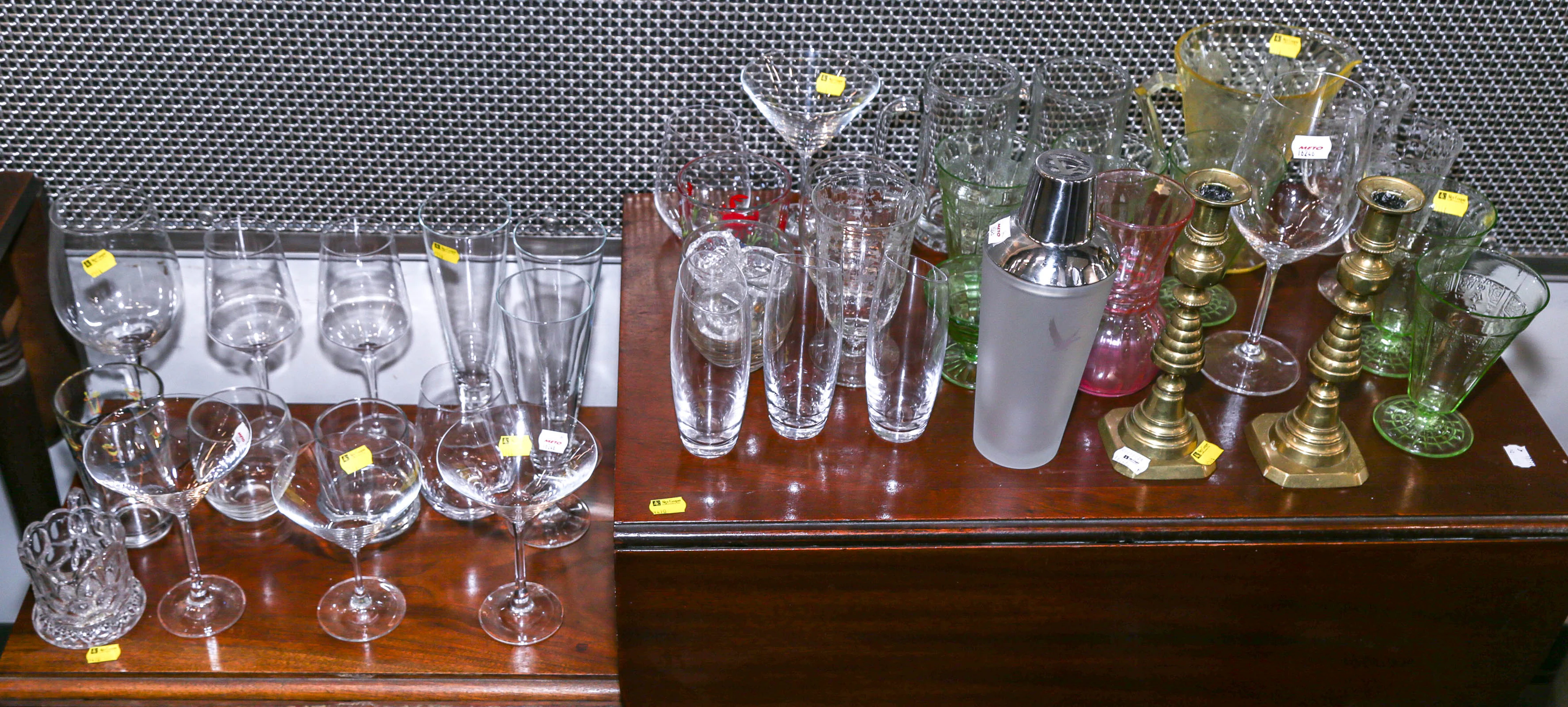 An Assortment of Glassware & Brass Candlesticks