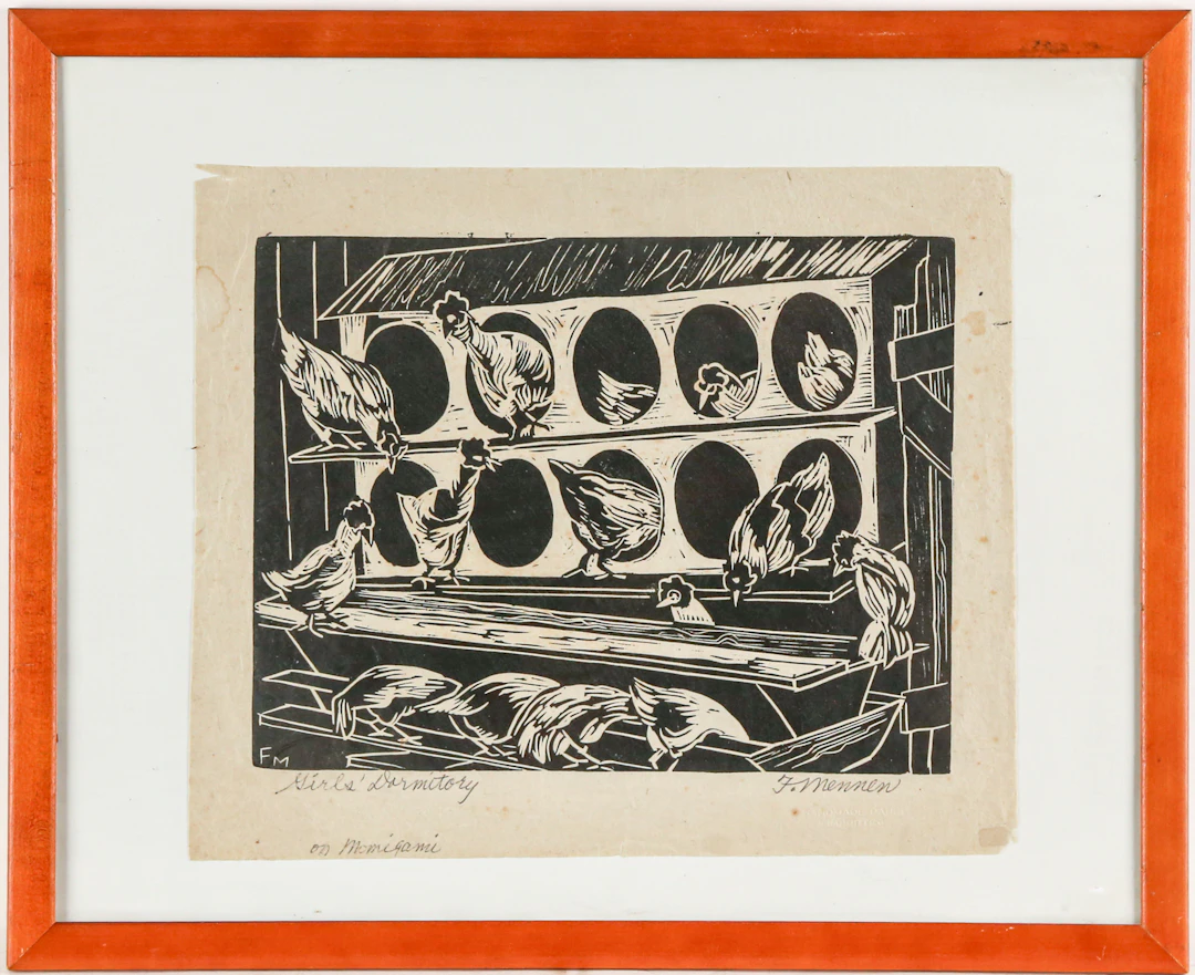 Fannie Mennen. "Girls' Dormitory," woodcut