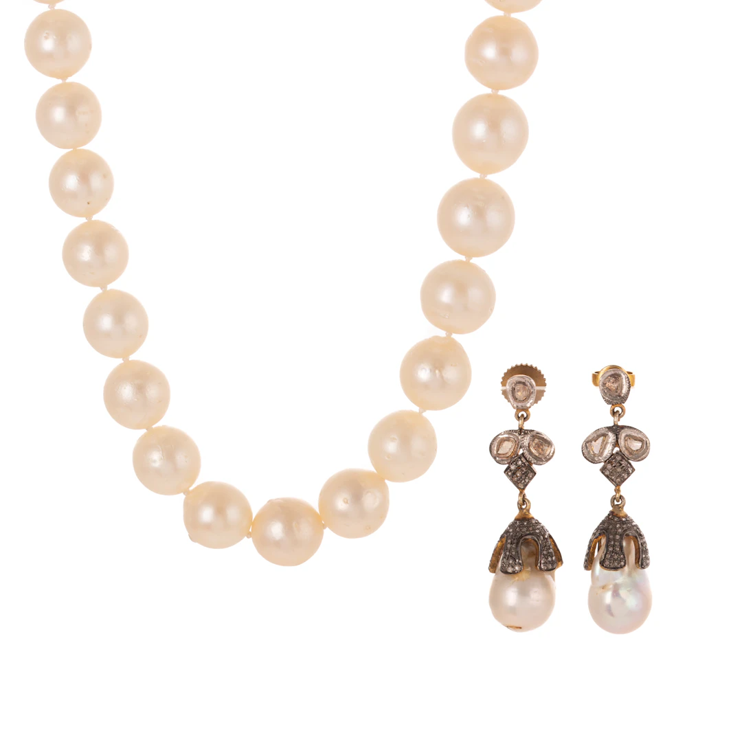 A Strand of 11 mm FWP & Pearl Earrings