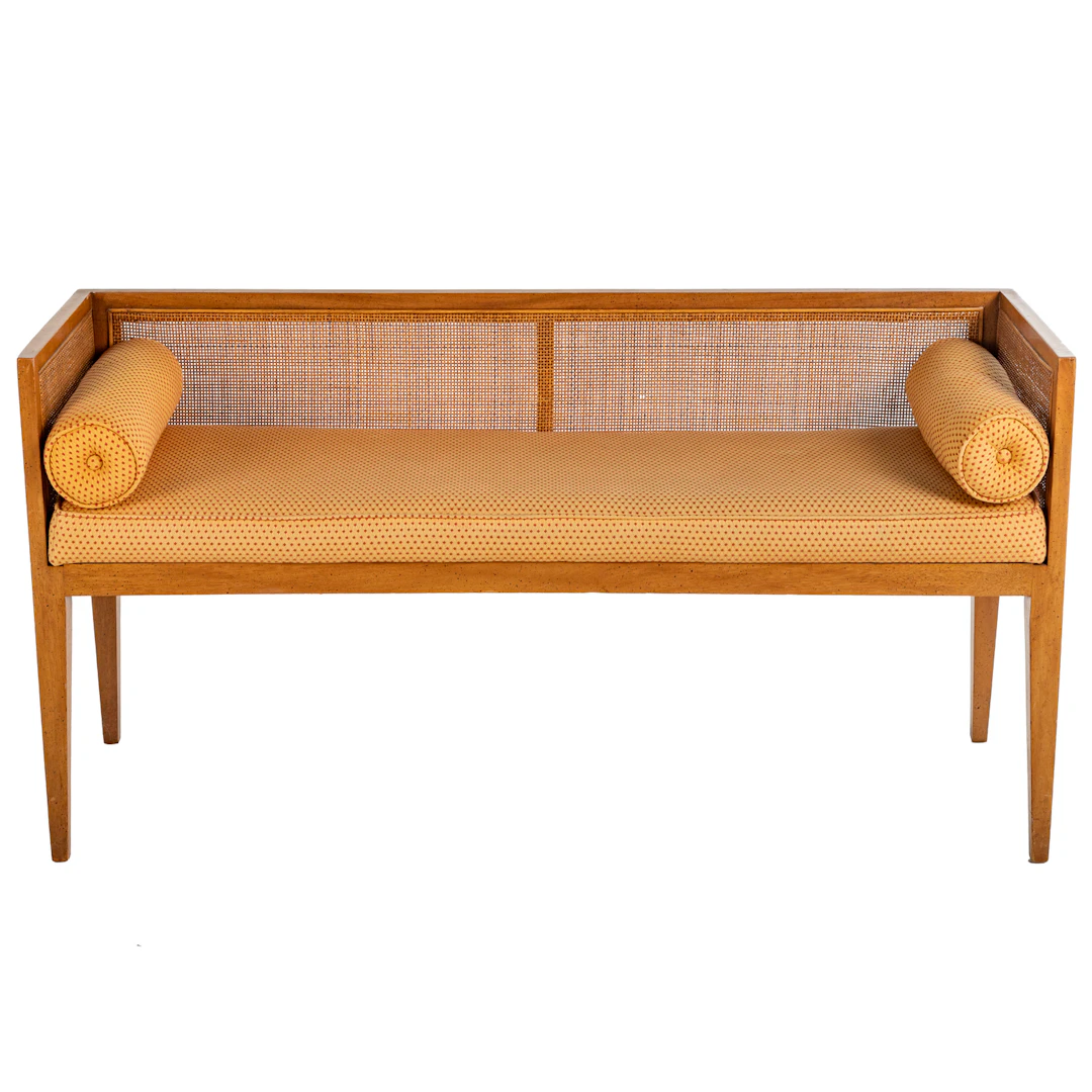 Mid Century Modern Fruitwood & Cane Window Bench