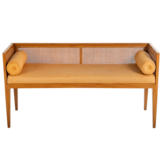 Mid Century Modern Fruitwood & Cane Window Bench