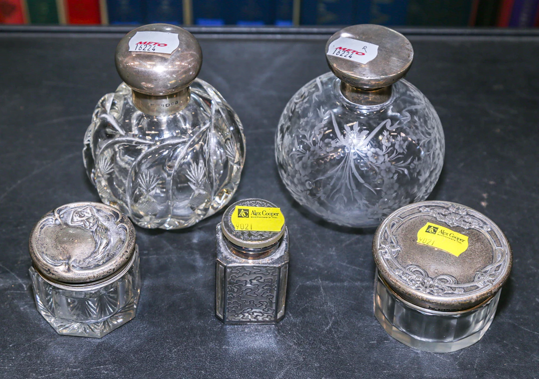 Five Silver-Mounted Glass Vanity Items