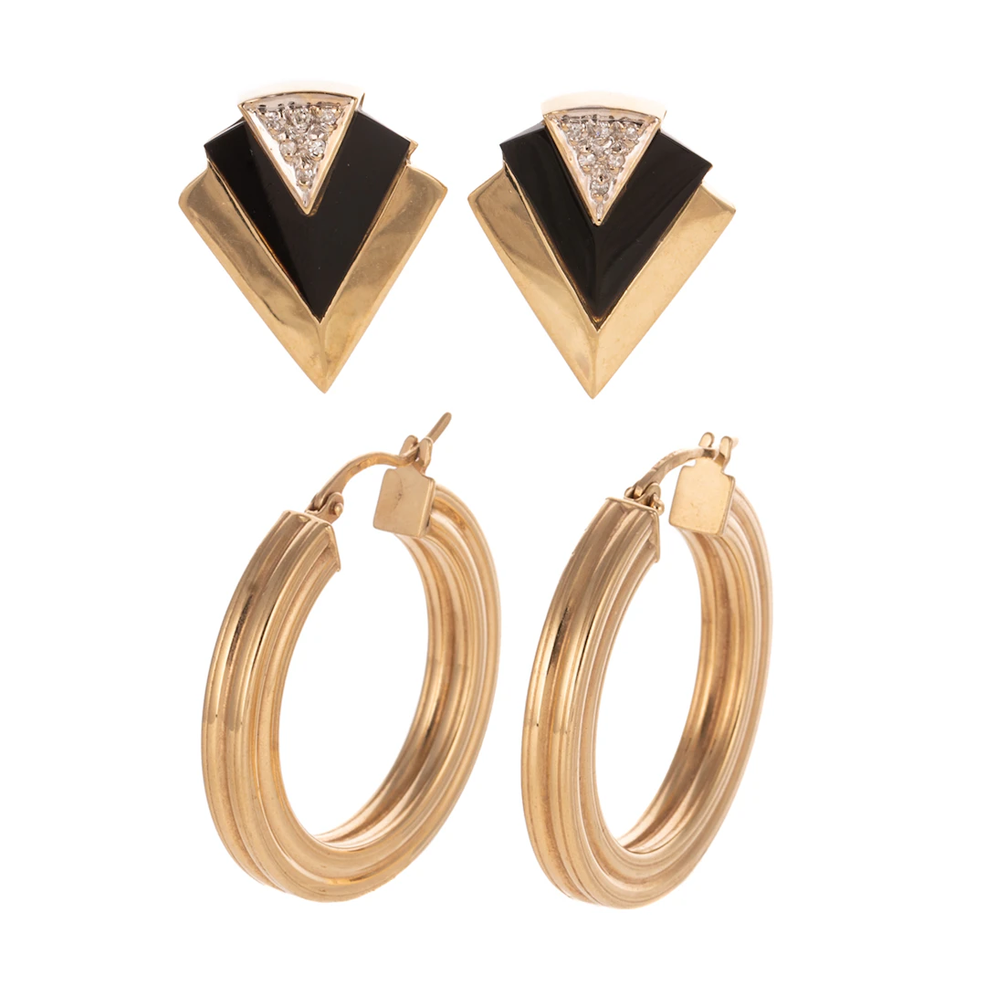 A Pair of Diamond & Onyx Earrings & Hoops in 14K