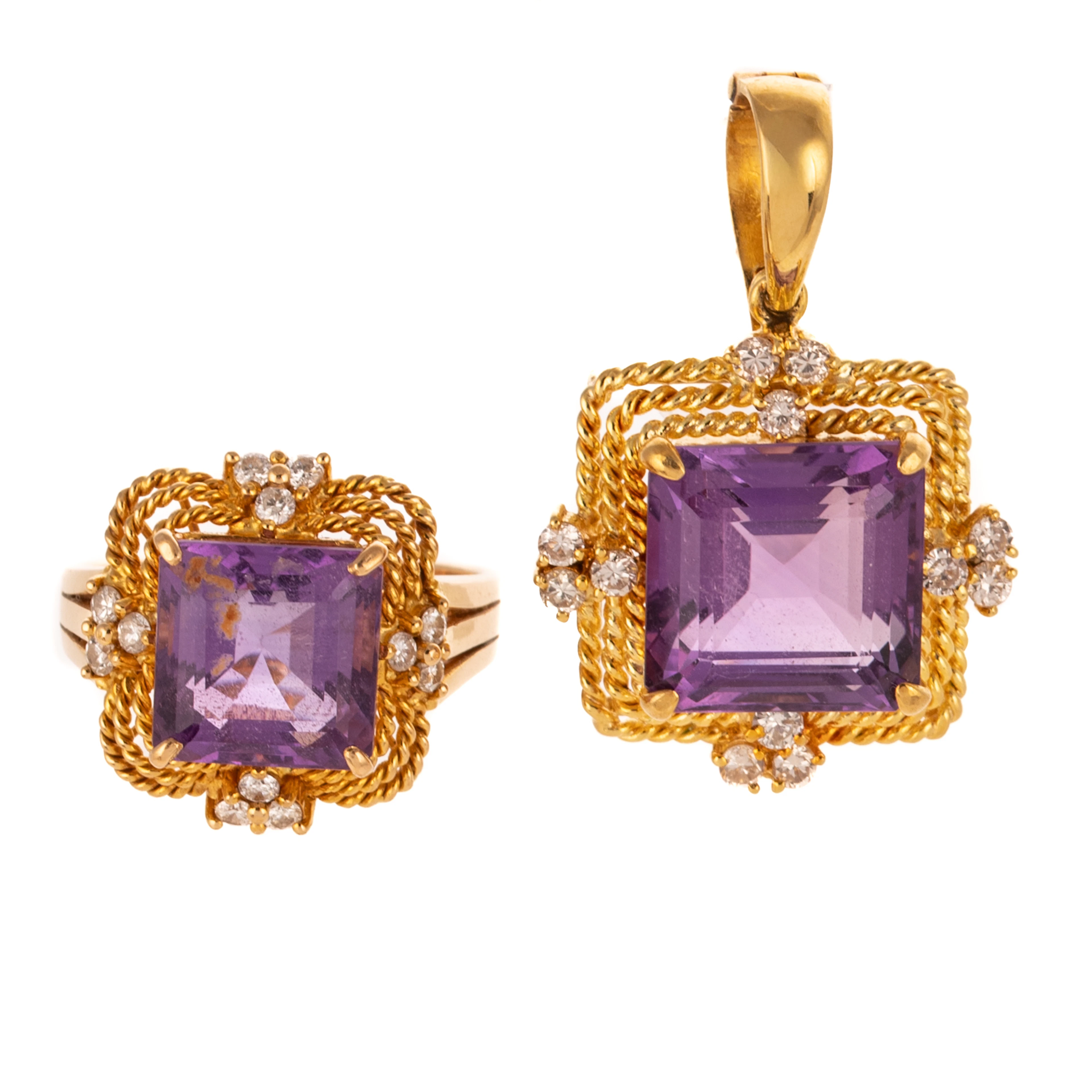 An Amethyst & Diamond Ring & Pendant Set in 18K