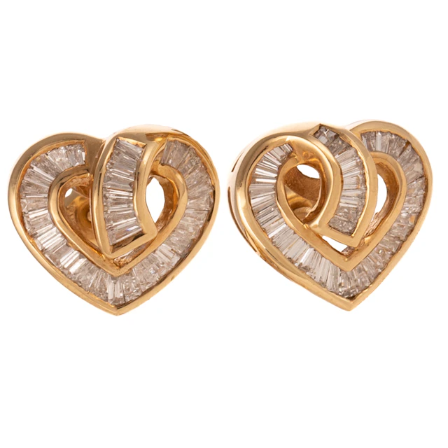 A Pair of Baguette Diamond Heart Earrings in 14K