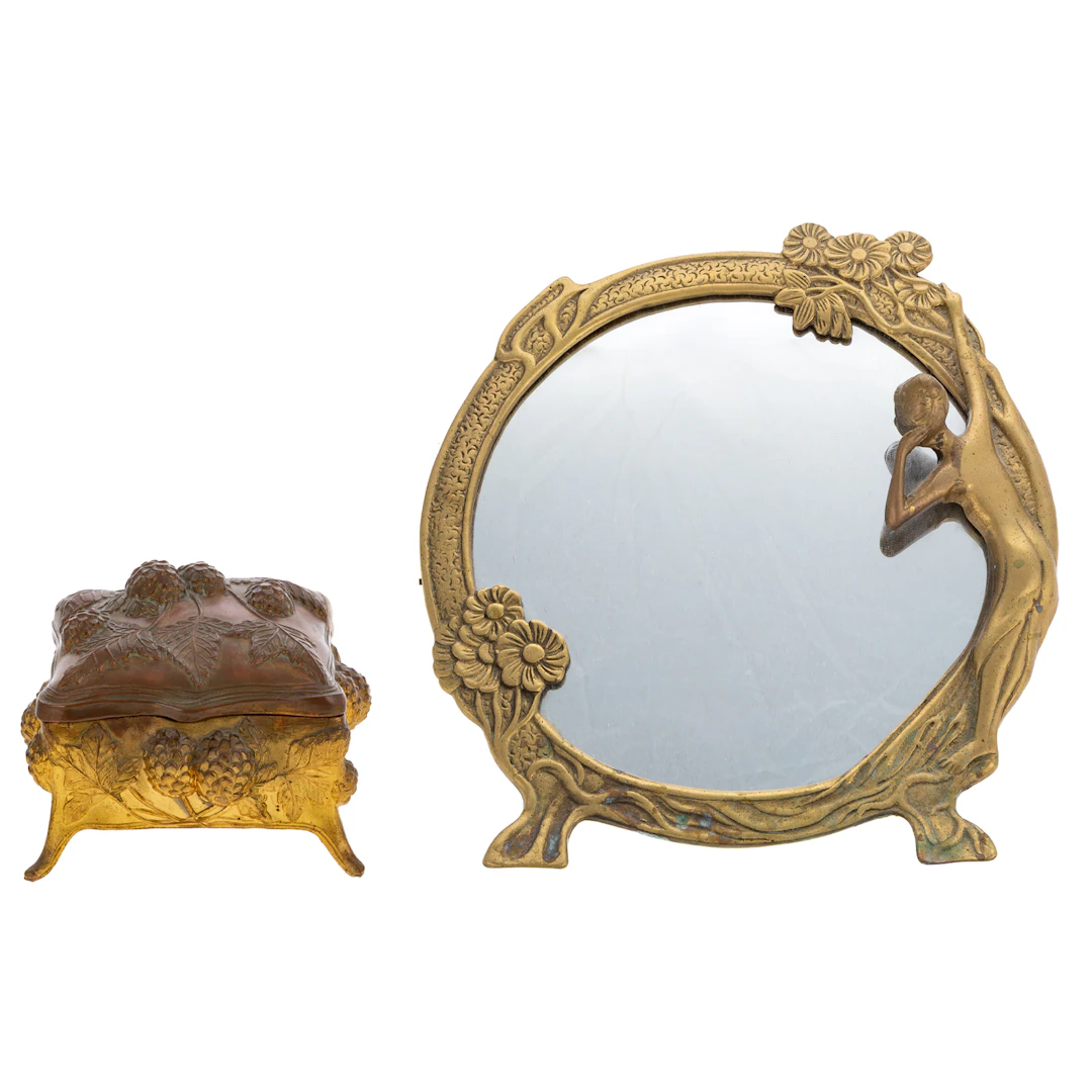 Two Art Nouveau Style Metal Vanity Table Items