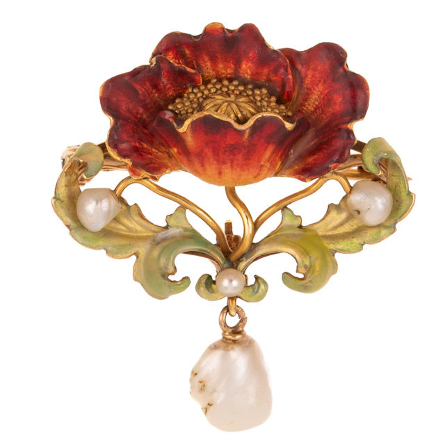 An Art Nouveau Pearl & Enamel Poppy Pin/Pendant in 14K
