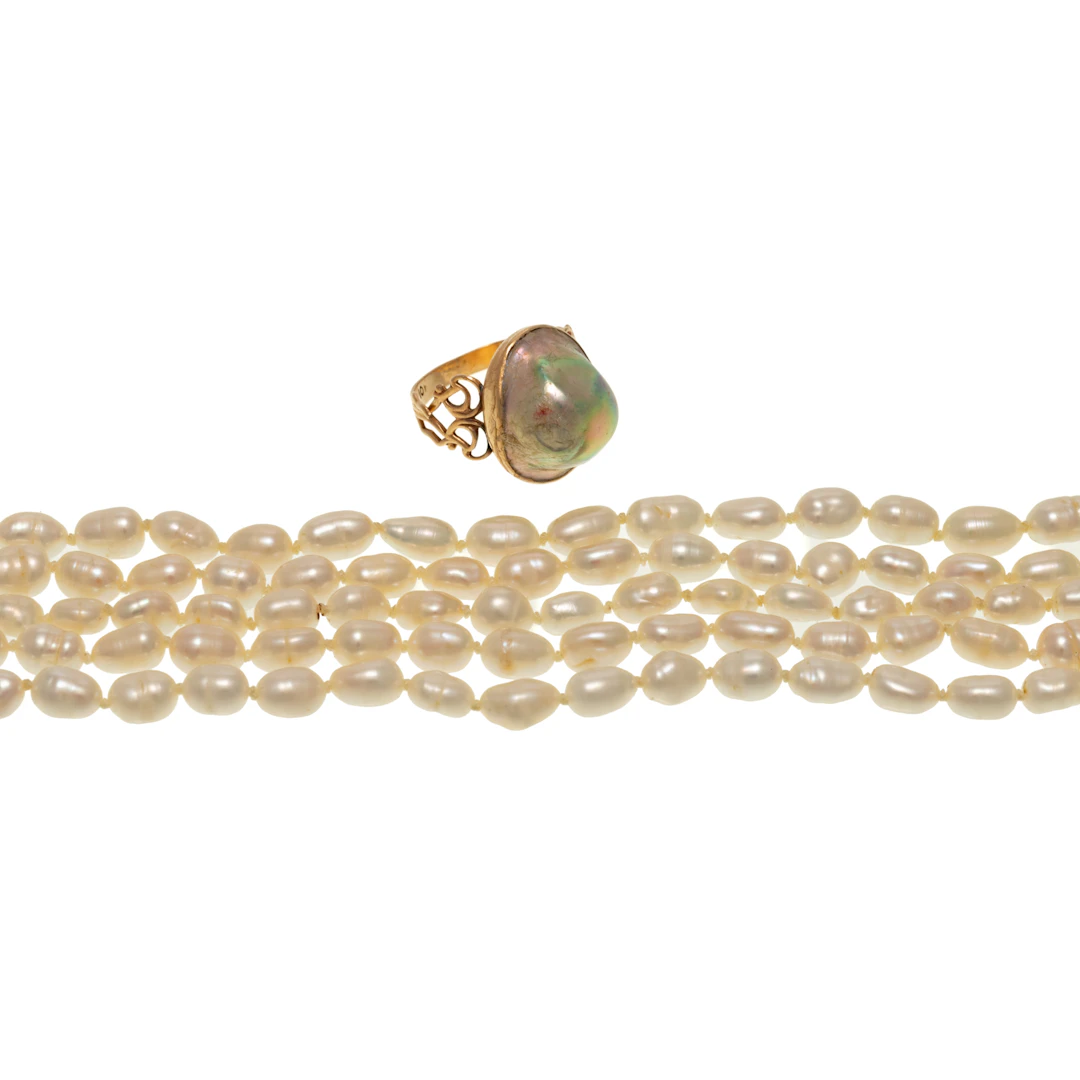 A Multi-Strand Freshwater Pearl Necklace & Ring in 14K