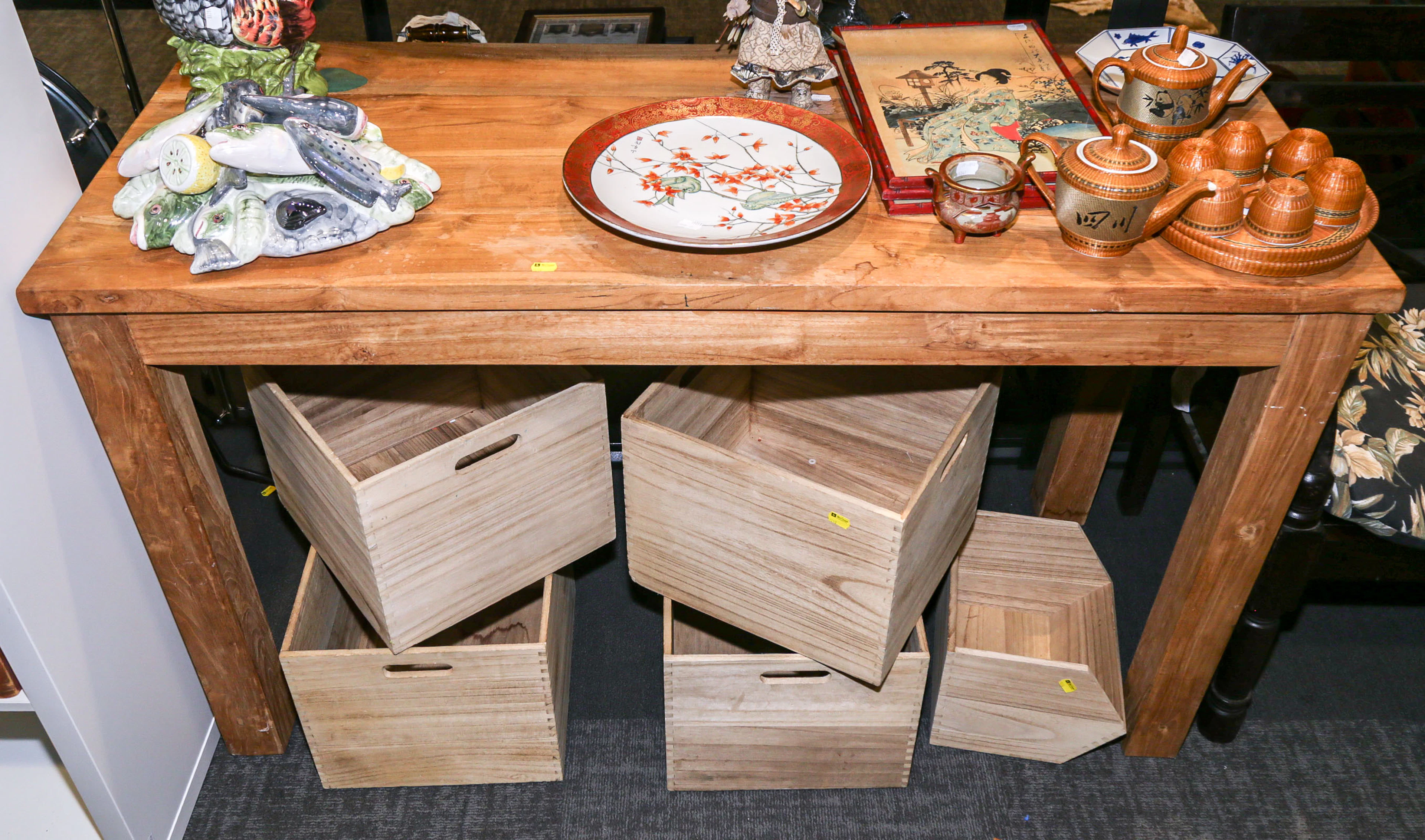 A Teak Serving Table & Five Wooden Boxes