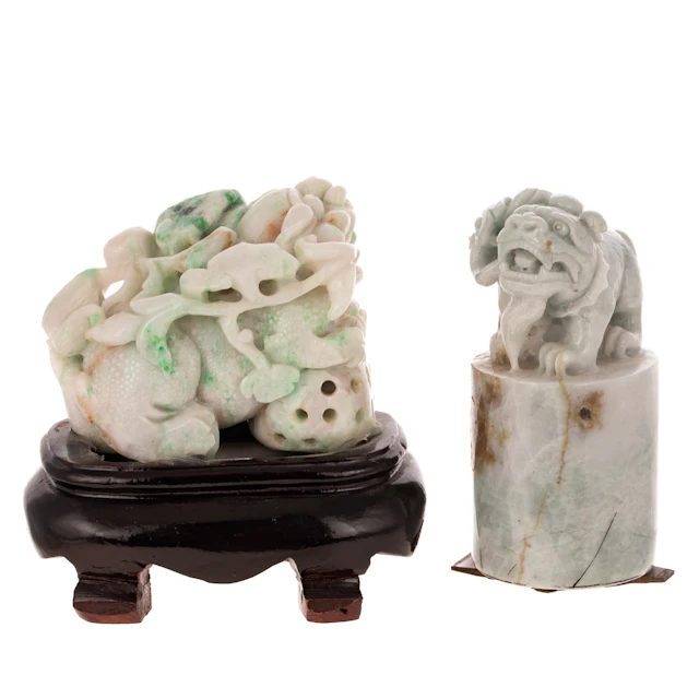 Two Jade Foo Dog Figural Groups
