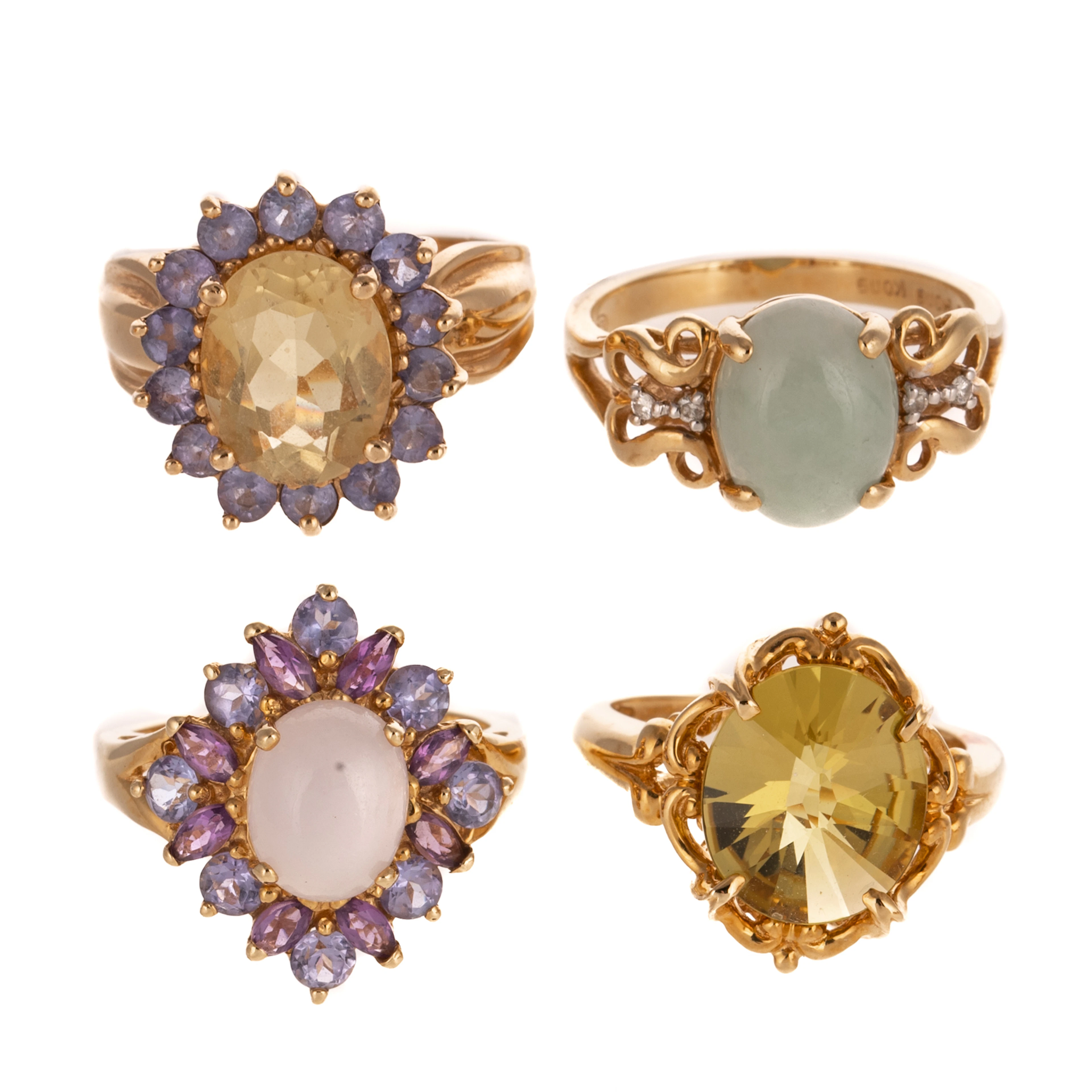 A Group of Four Multi-Gemstone Rings in 14K