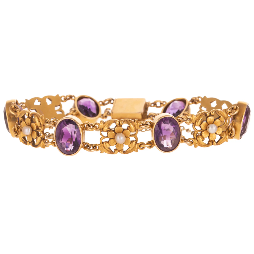 An Art Nouveau Flower Bracelet with Amethyst in 14K