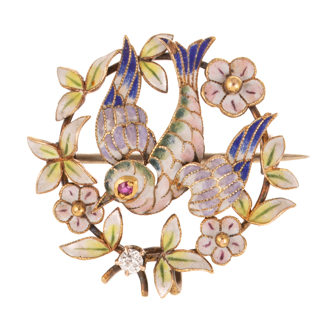 An Enamel Bird & Flower Brooch in 14K