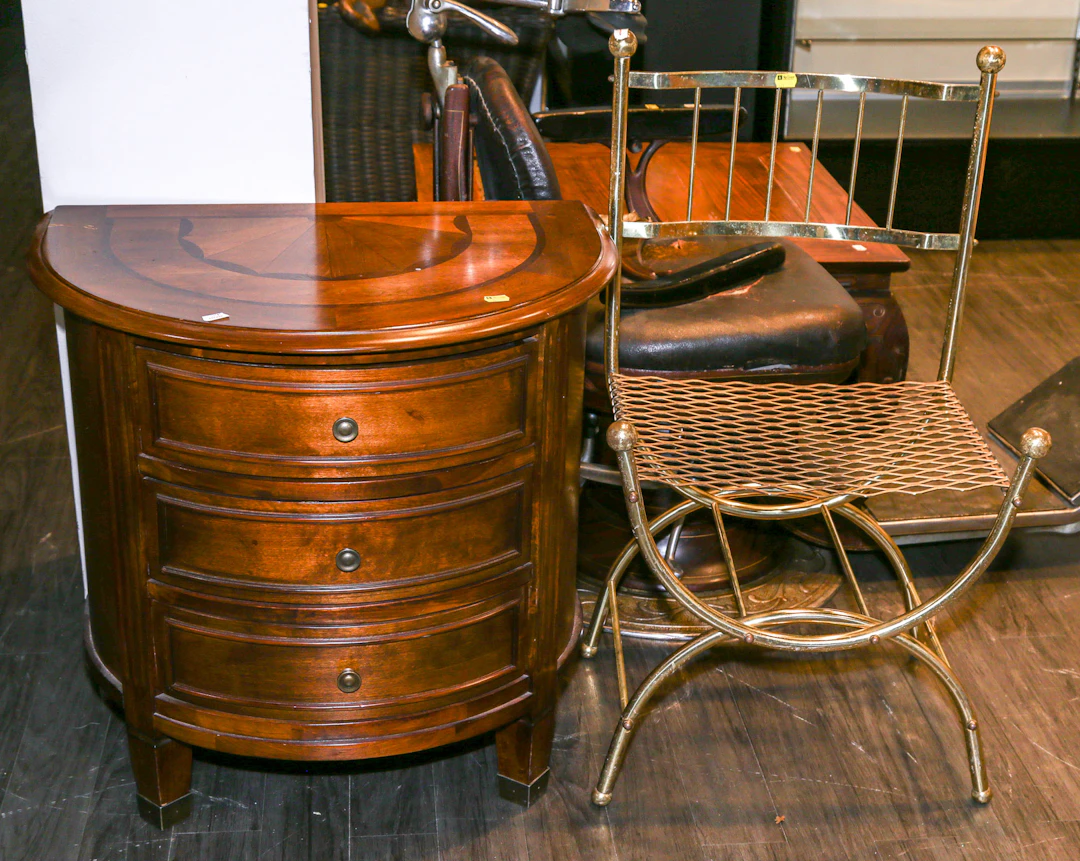 A Demilune Chest & a Brass Chair