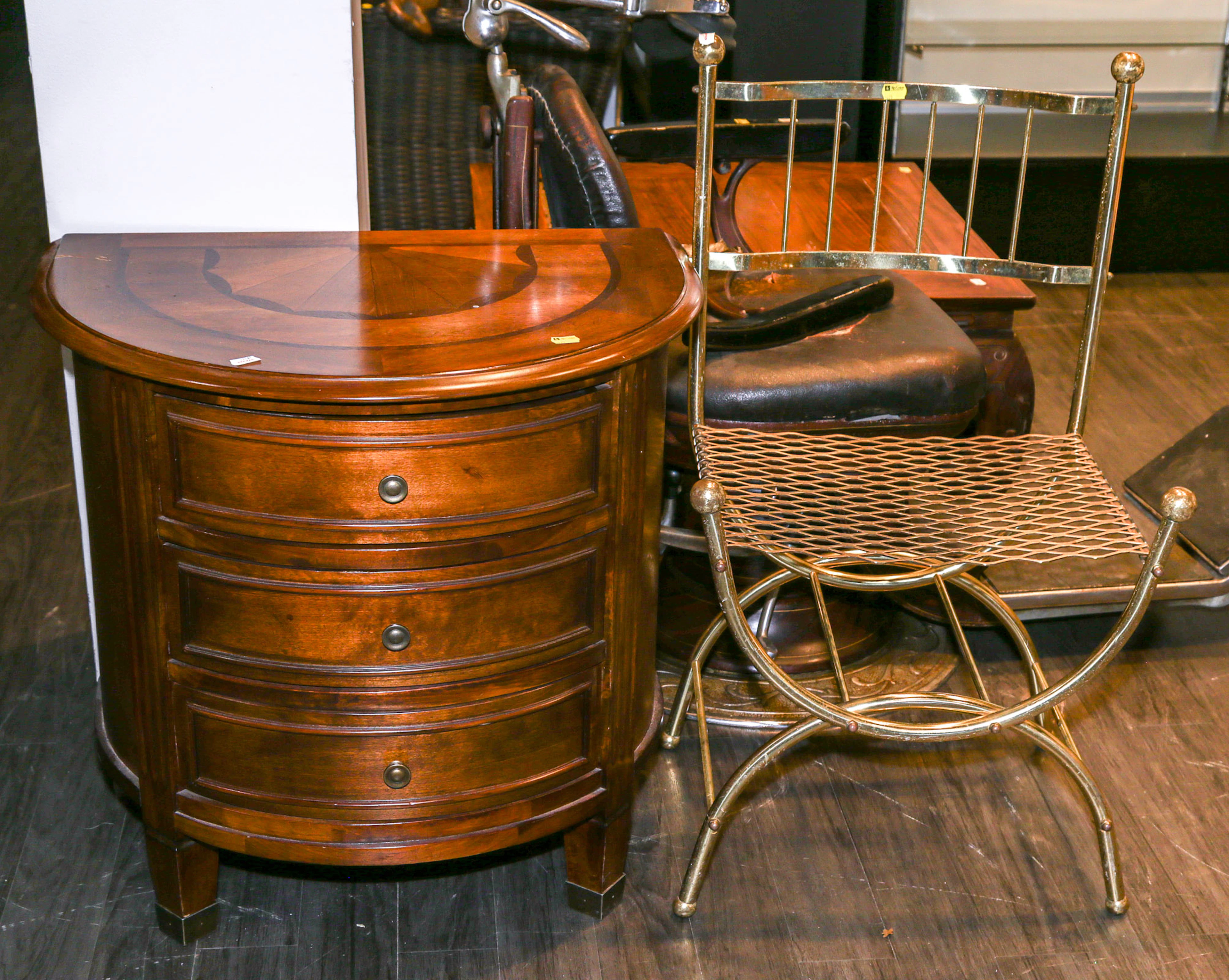A Demilune Chest & a Brass Chair