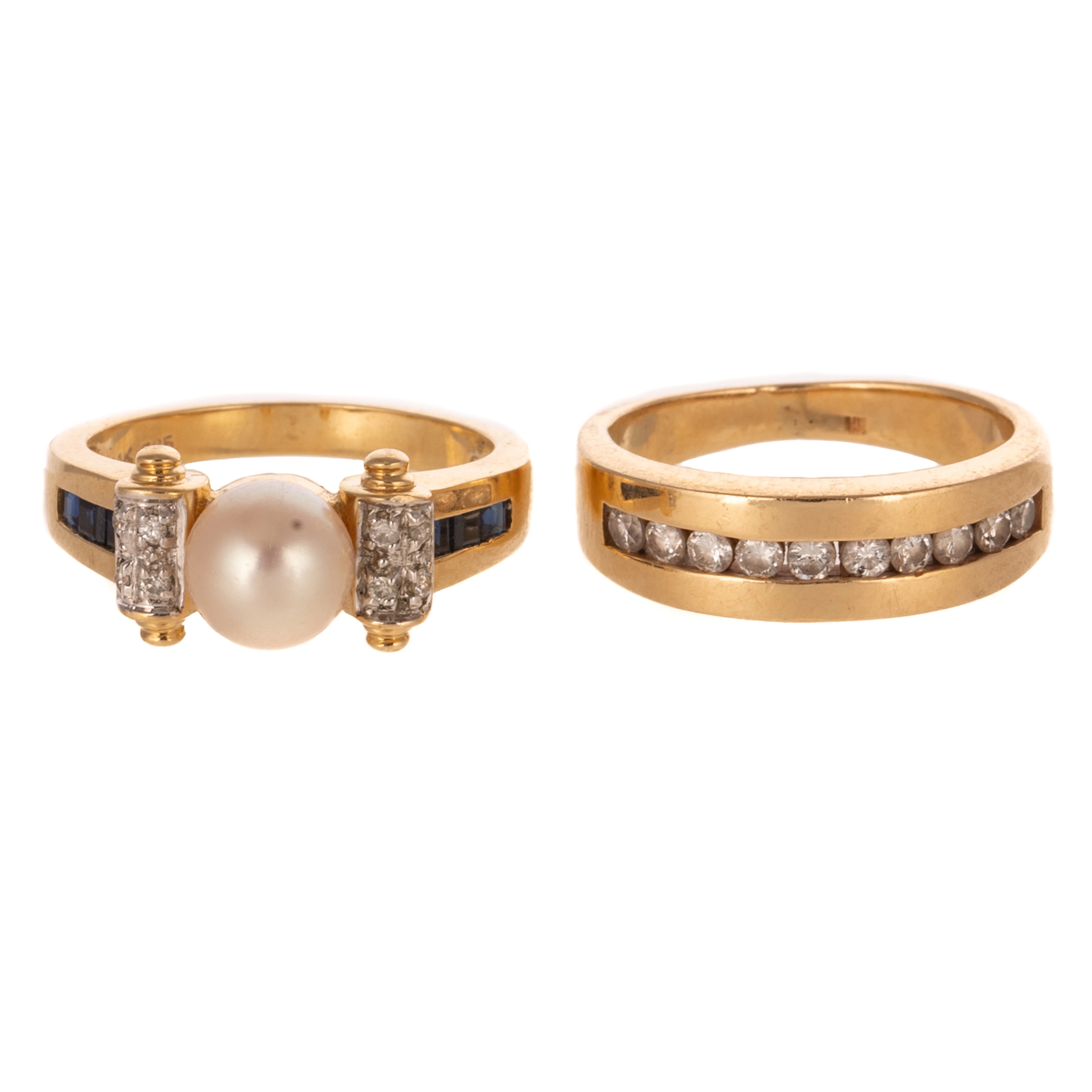 A Diamond Band & Pearl/Sapphire Ring in 14K