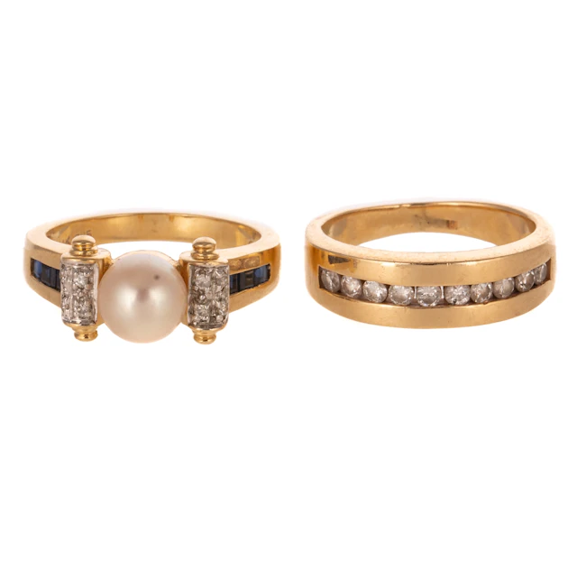 A Diamond Band & Pearl/Sapphire Ring in 14K
