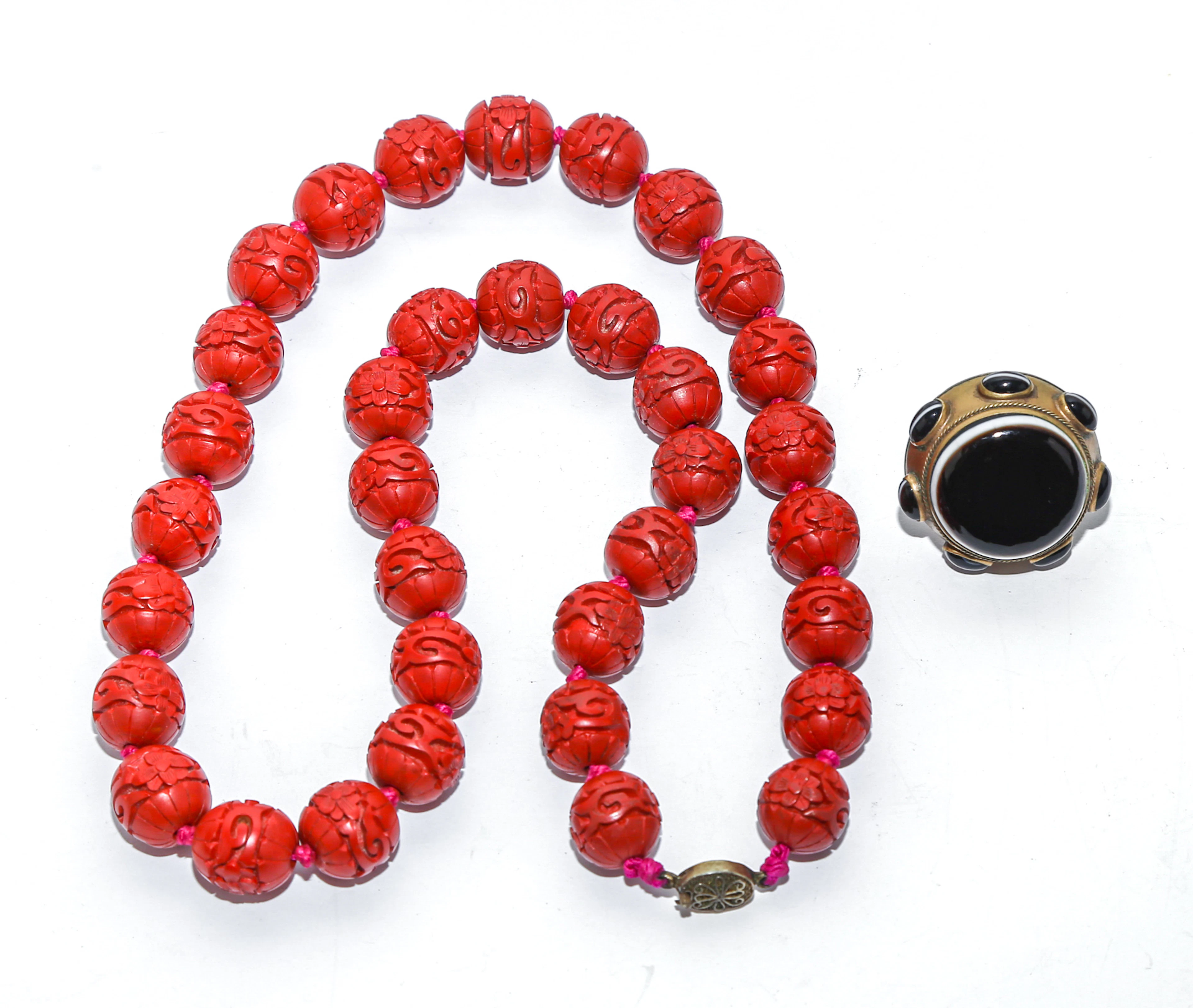 Antique Banded Agate Ring & Cinnabar Necklace