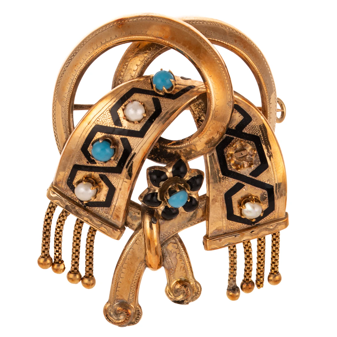 A Victorian Enamel, Pearl & Turquoise Brooch in 14K