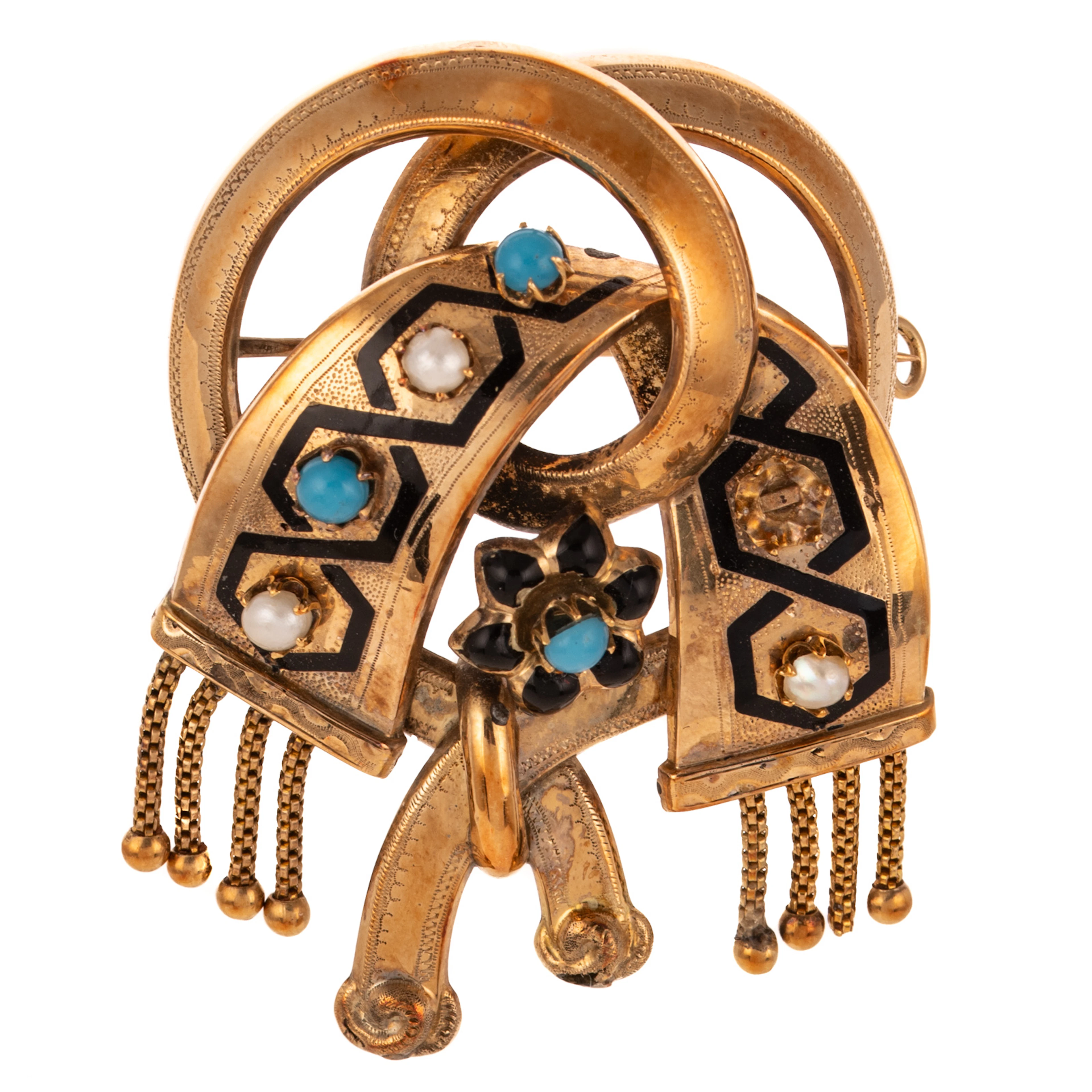 A Victorian Enamel, Pearl & Turquoise Brooch in 14K