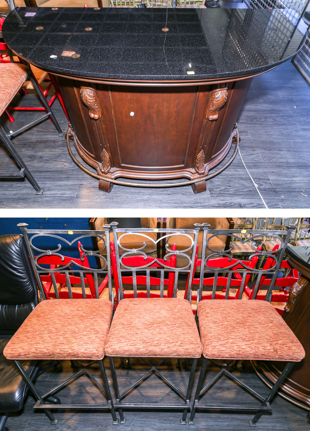 A Bar & Three Wrought Iron Stools