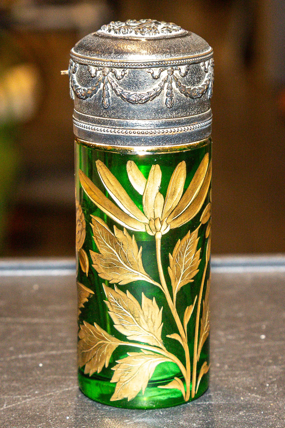 An Art Nouveau Bronze & Glass Mechanical Atomizer