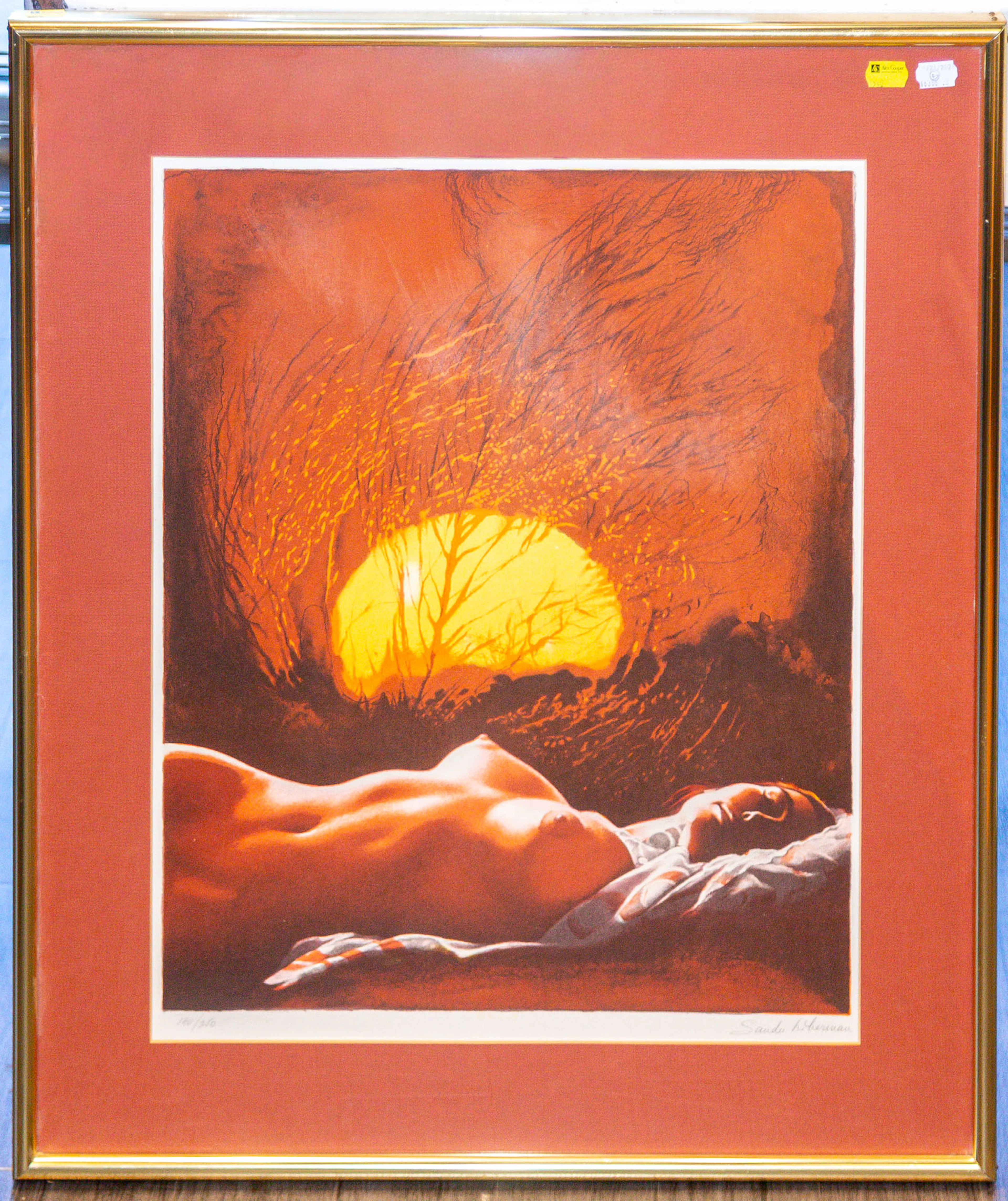Sandu Liberman. Nude Woman in Field, lithograph