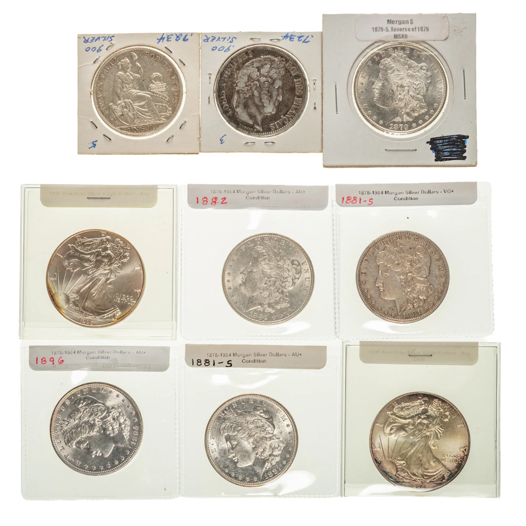 Silver Coins - Two Silver Eagles, Five Morgans, & Two World