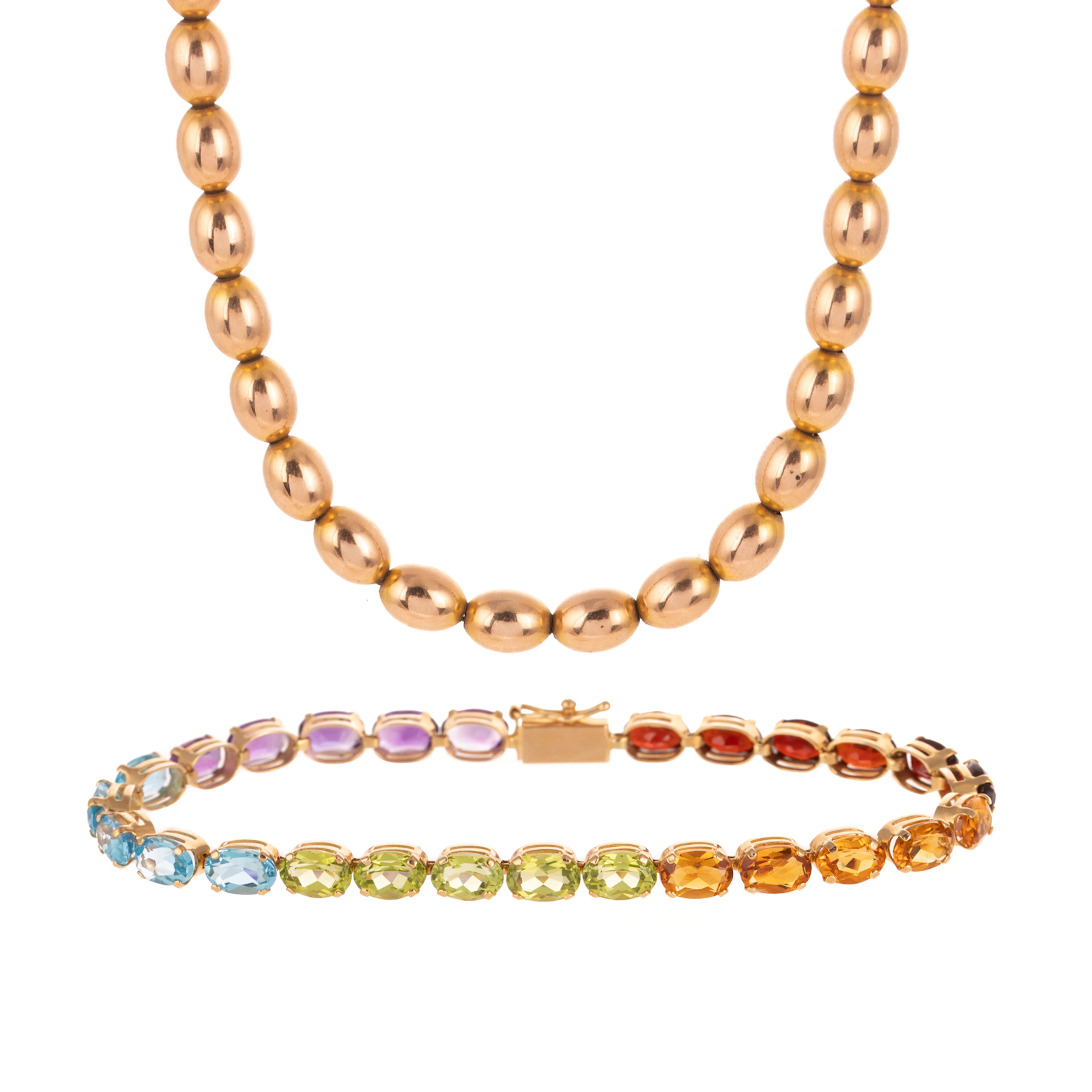 A Beaded Necklace & Multi-Gemstone Bracelet in Gold