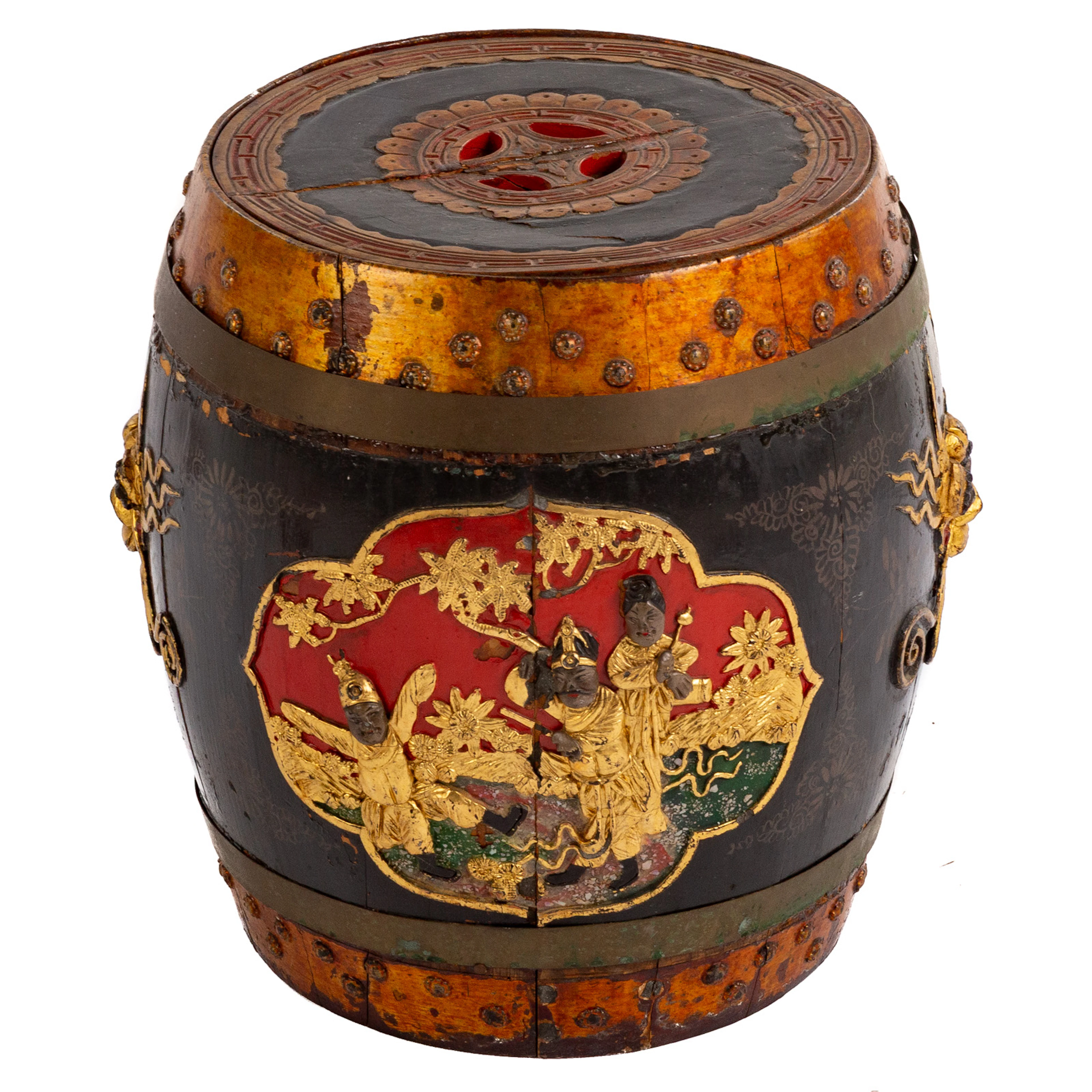 A Chinese Carved & Painted Rice Barrel