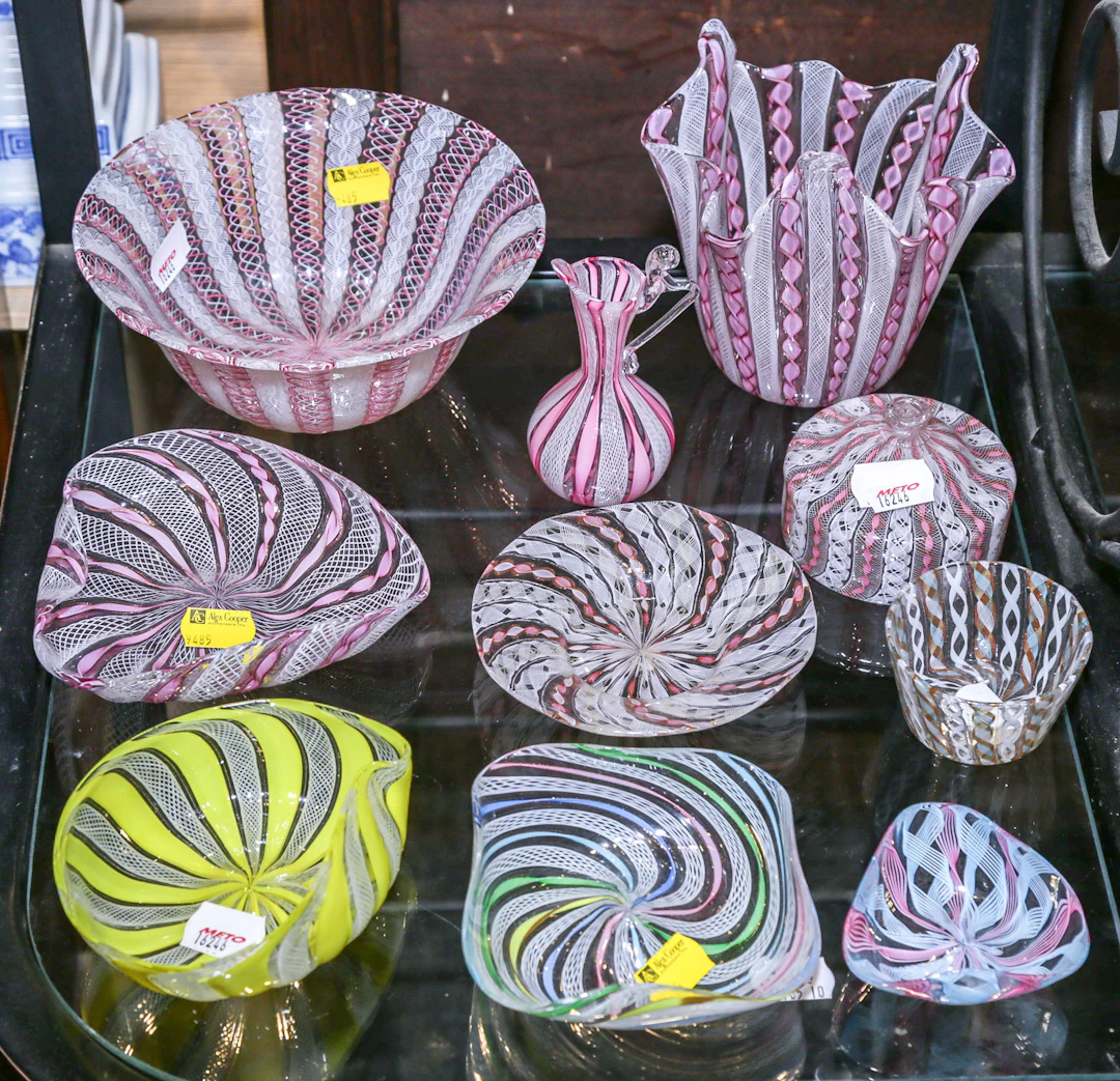 Ten Pieces of Italian Blown Latticino Glass