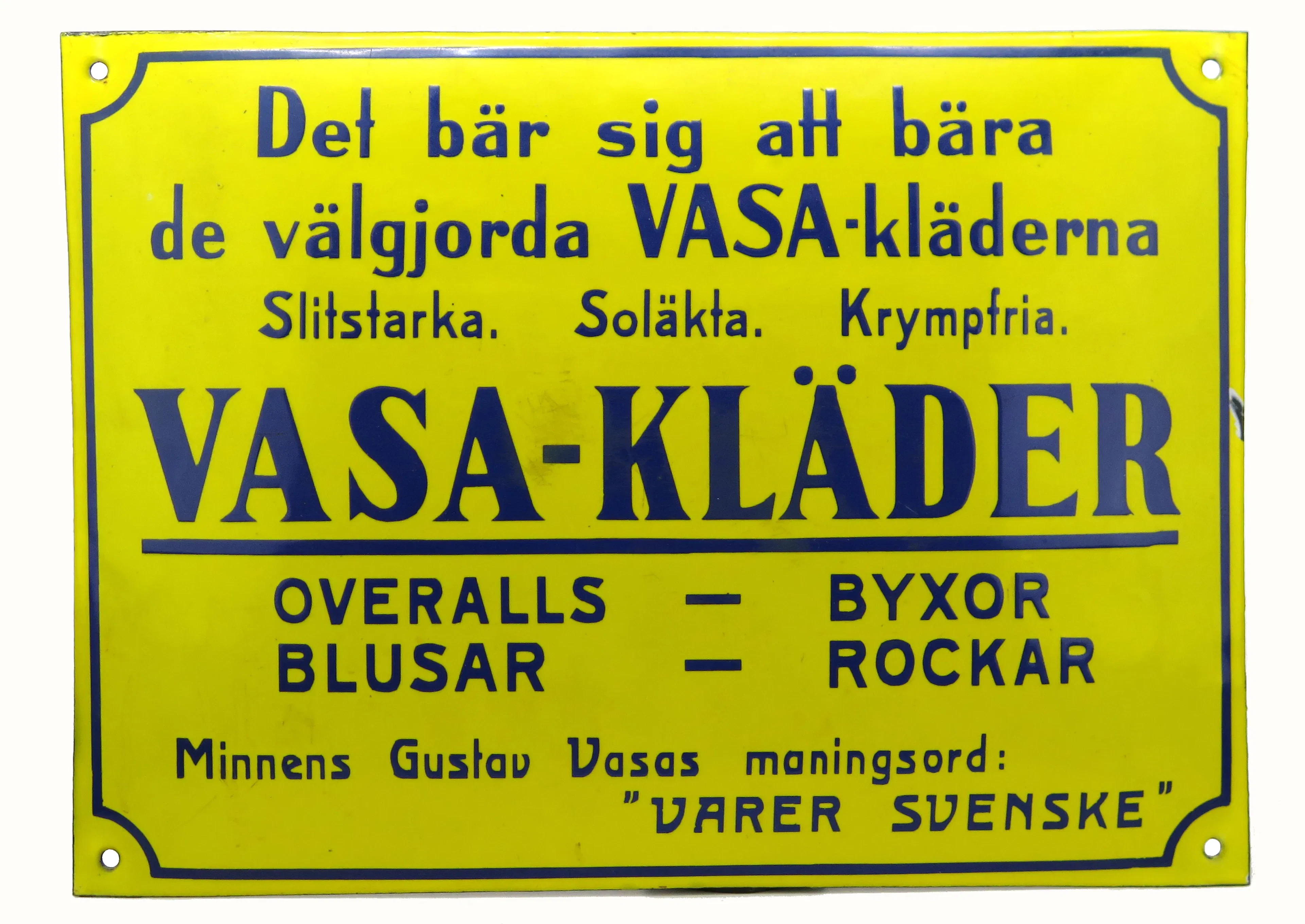 Reklamskylt, emaljerad koppar(?), 1900-talets början, "Vasa-Kläder"