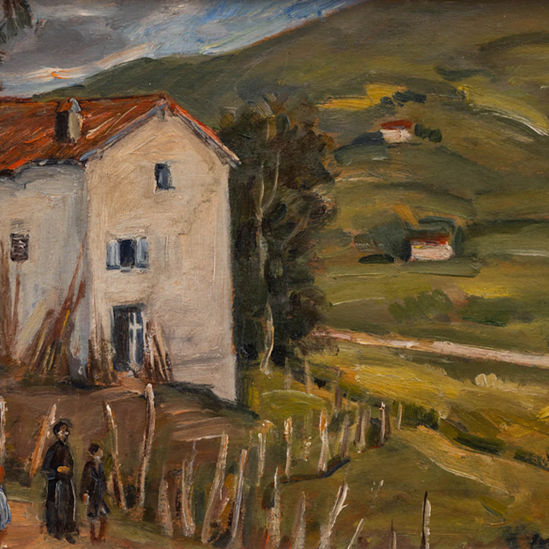 "Paisaje con caserío y familia" Authorship: GASPAR MONTES ITURIOZ