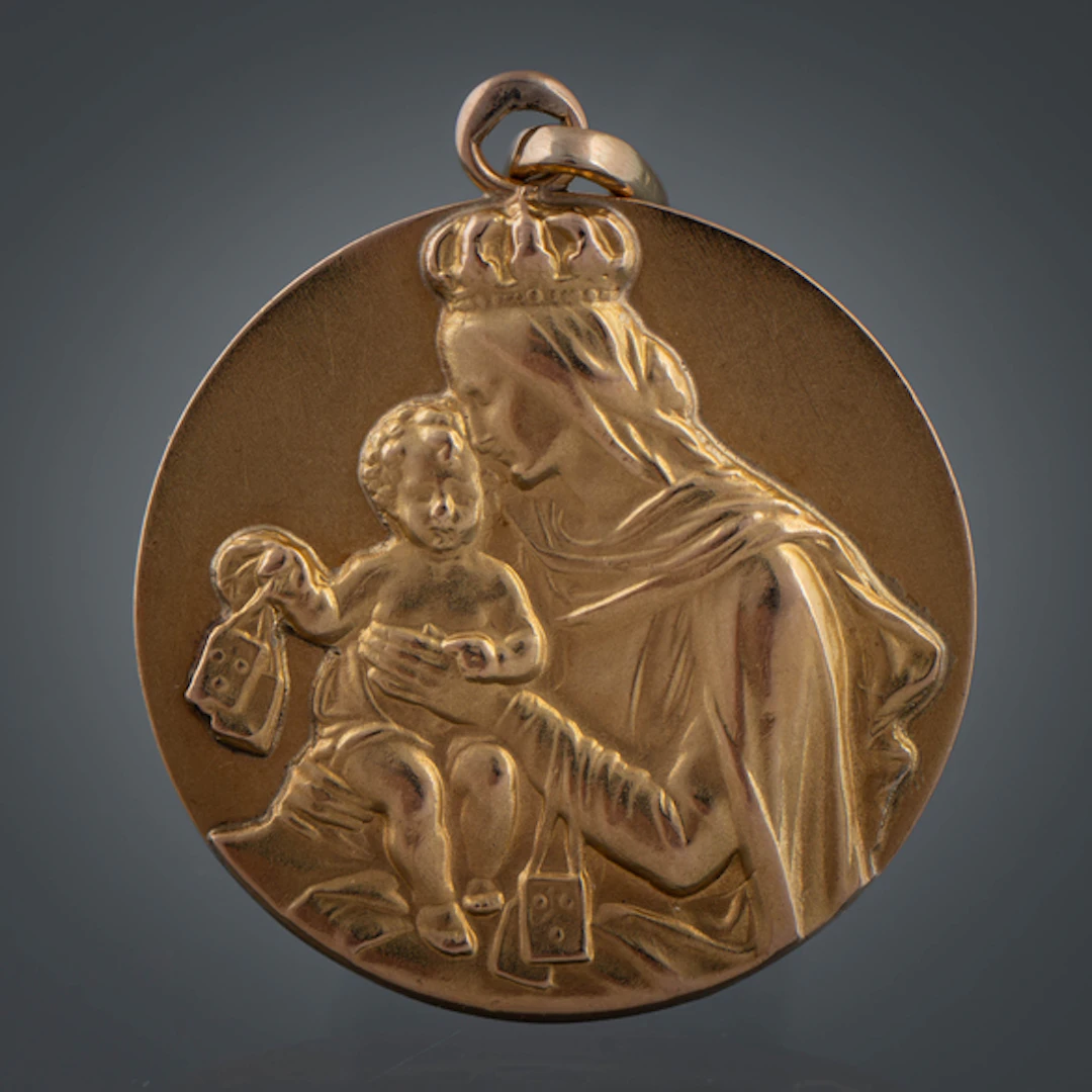 Medalla de la virgen con el niño en oro amarillo de 18 kt