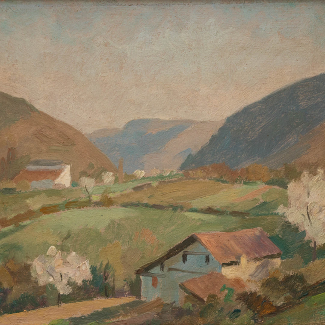 "Paisaje vasco con caseríos" Authorship: RAMIRO ARRUE(Bilbao, 1892