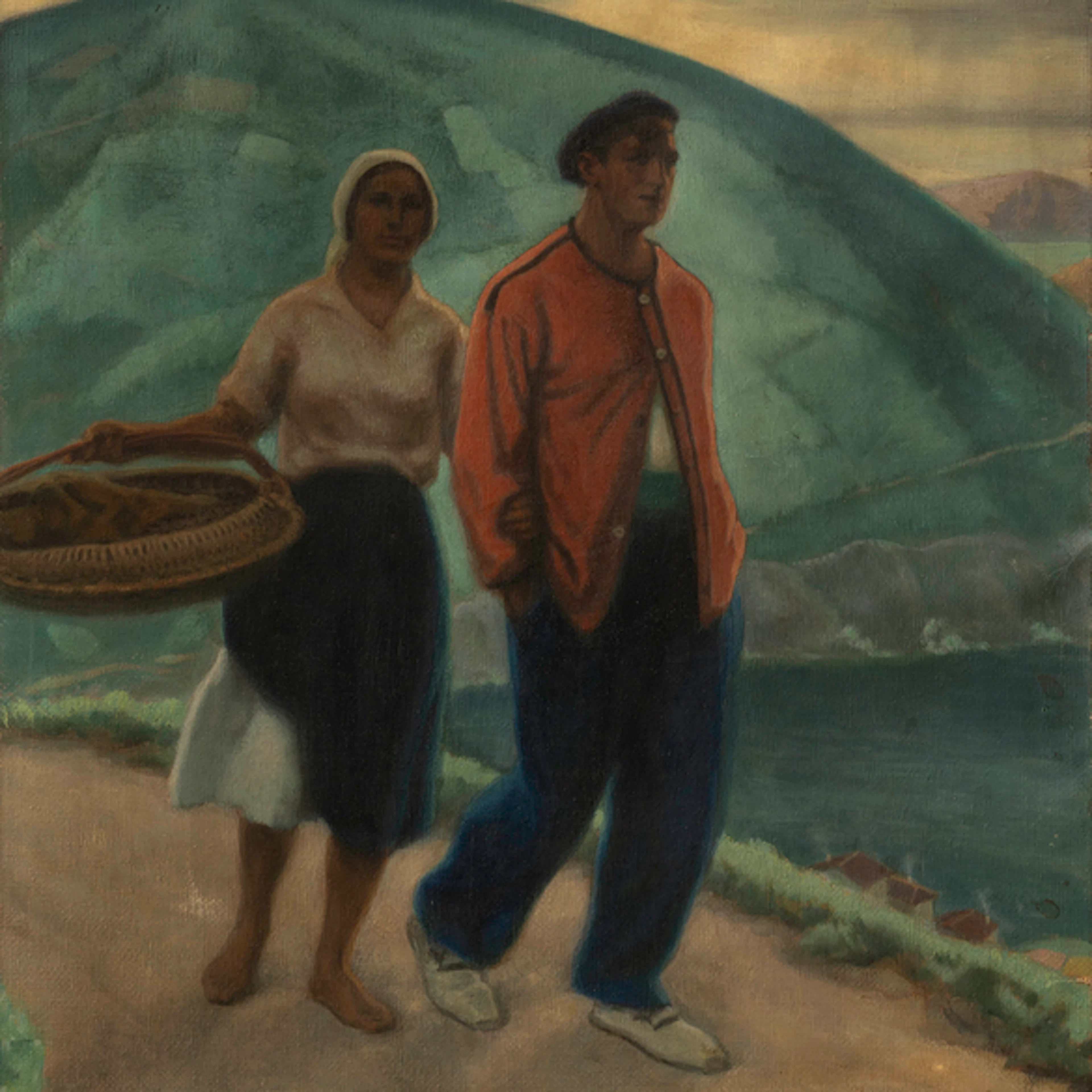 "Pescador y sardinera con cesta caminando al puerto" Authorship: ALBERTO