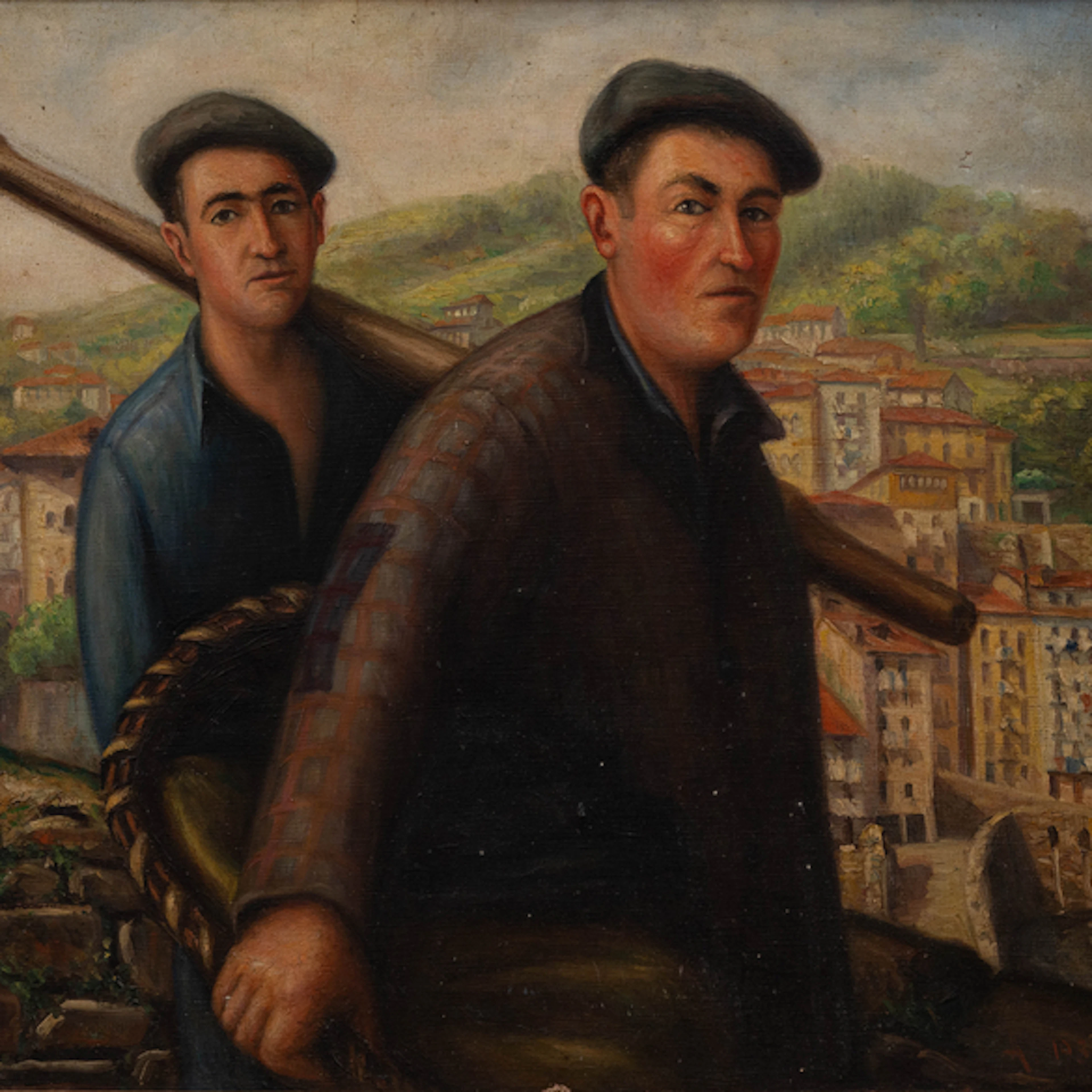 "Marineros con remo y cesta en Lekeitio" Authorship: JULIÁN IBAÑEZ