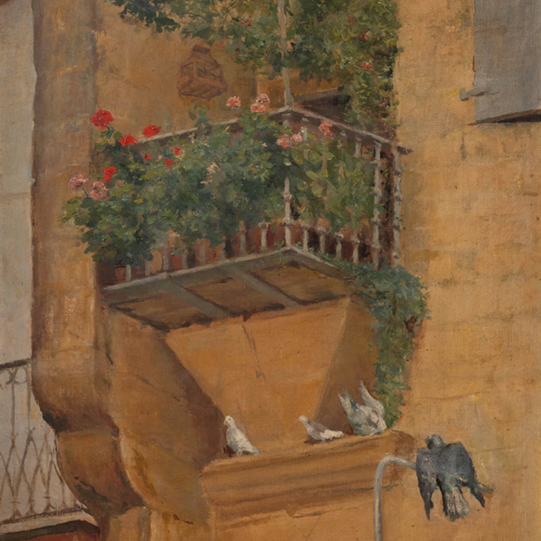 "Fachada con balcón, enredadera y palomas" Authorship: VICENTE BERROETA(Irún