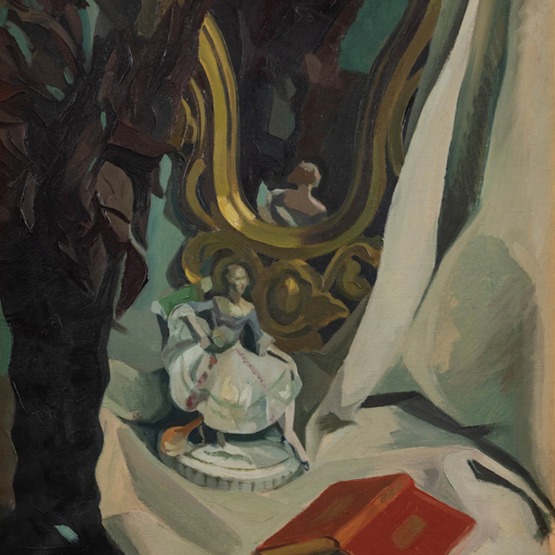 "Bodegón de lbro, espejo, figura de porcelana y flores" Authorship: