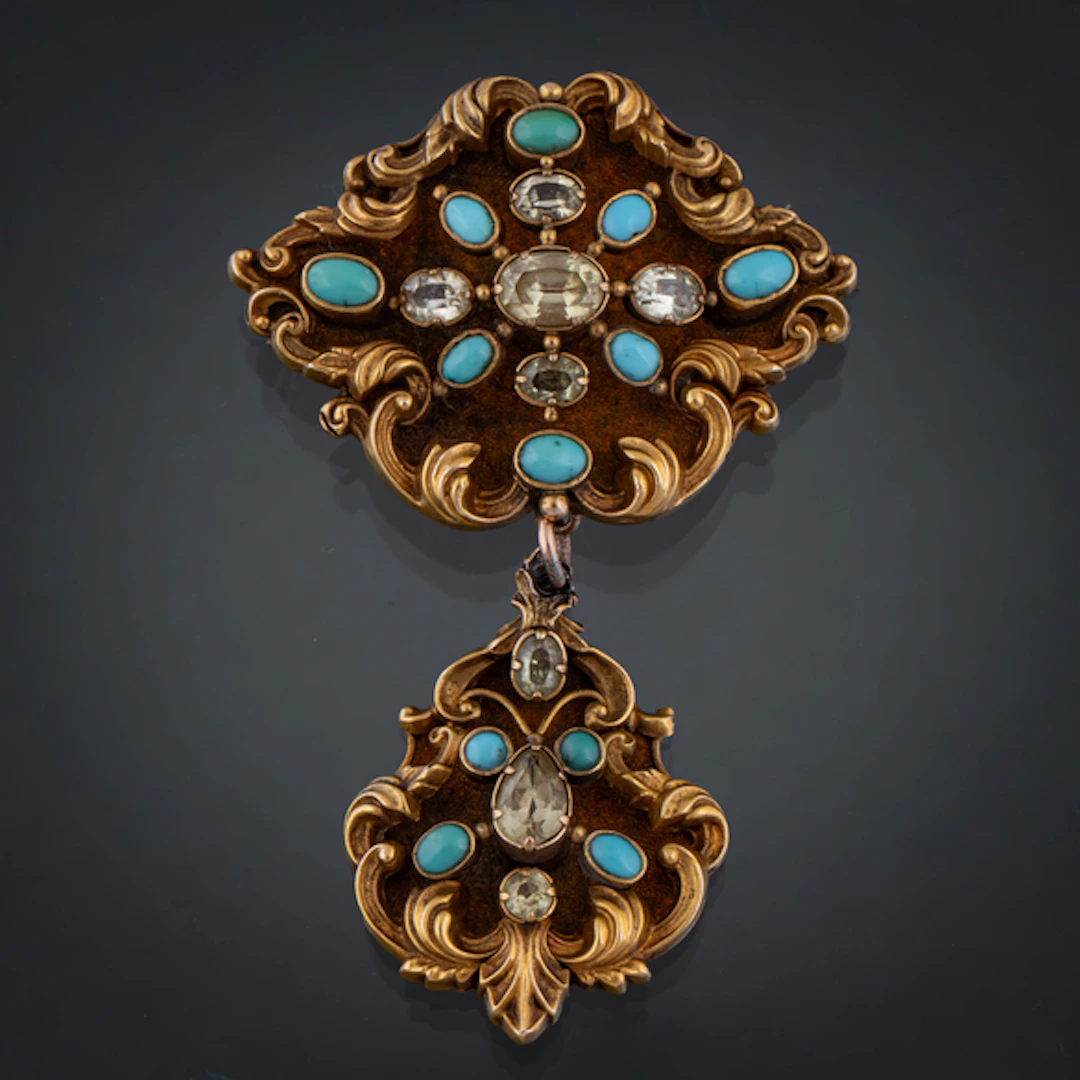 Broche del siglo XIX en oro amarillo de 18kt con cabujones de turquesa