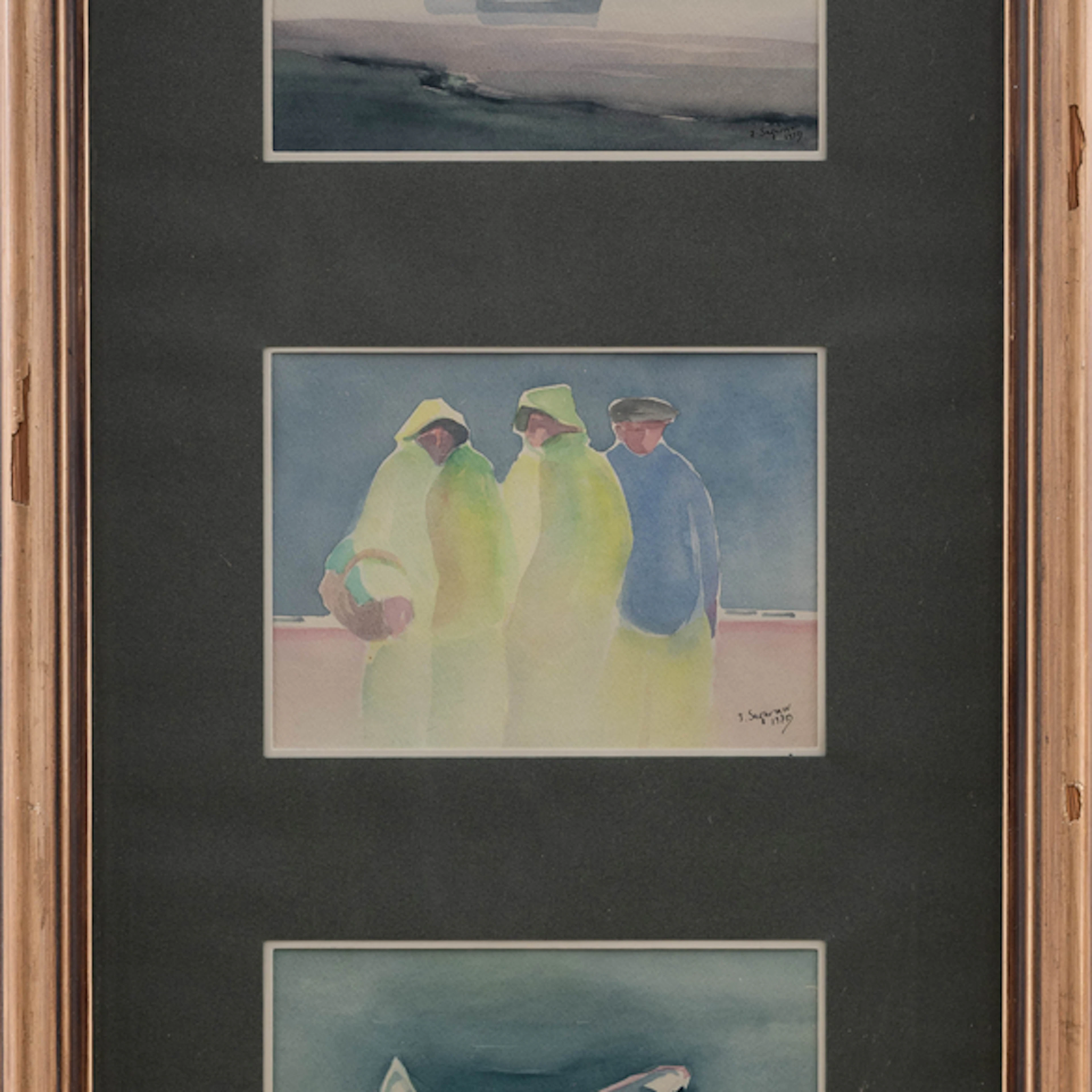 Conjunto de tres acuarelas "Las gemelas" "Pescadores y barcas varadas"