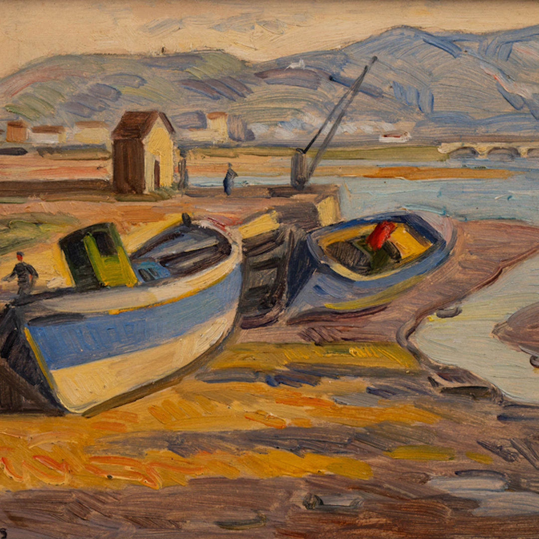 "Barcas varadas con marineros" Authorship: GASPAR MONTES ITURIOZ (Irún