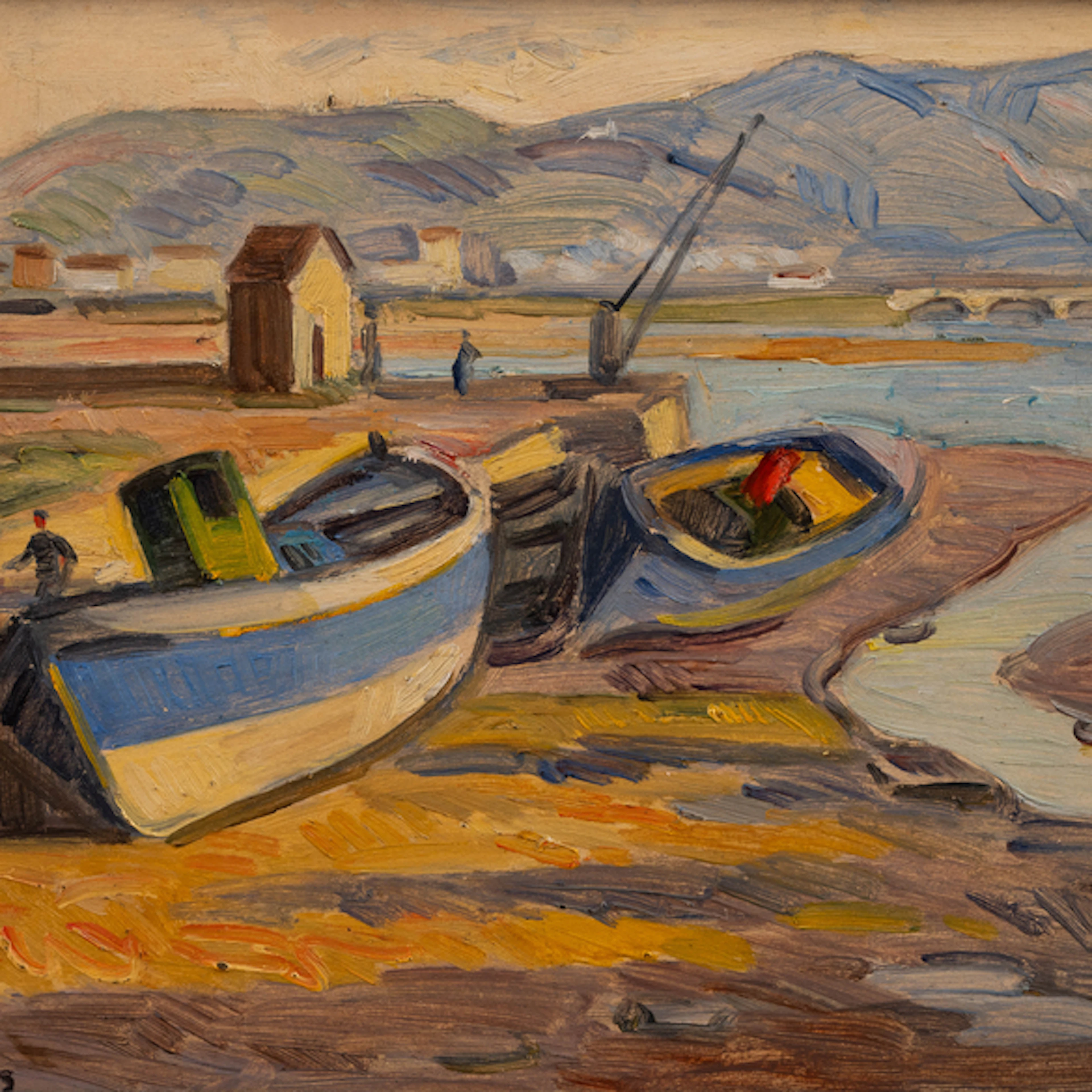 "Barcas varadas con marineros" Authorship: GASPAR MONTES ITURIOZ (Irún