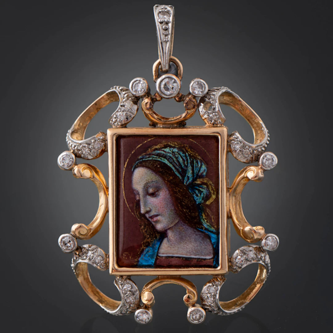Colgante con esmalte de la Virgen en oro amarillo de 18 kt y brillante